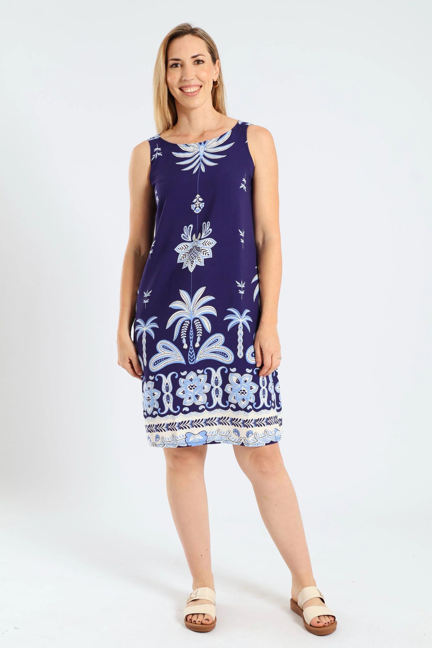 Printed Border Shift Dress - Navy/White - Image 2