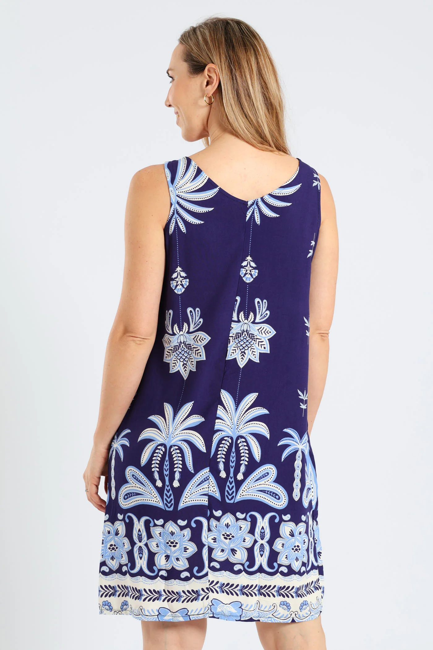 Printed Border Shift Dress - Navy/White - Image 4