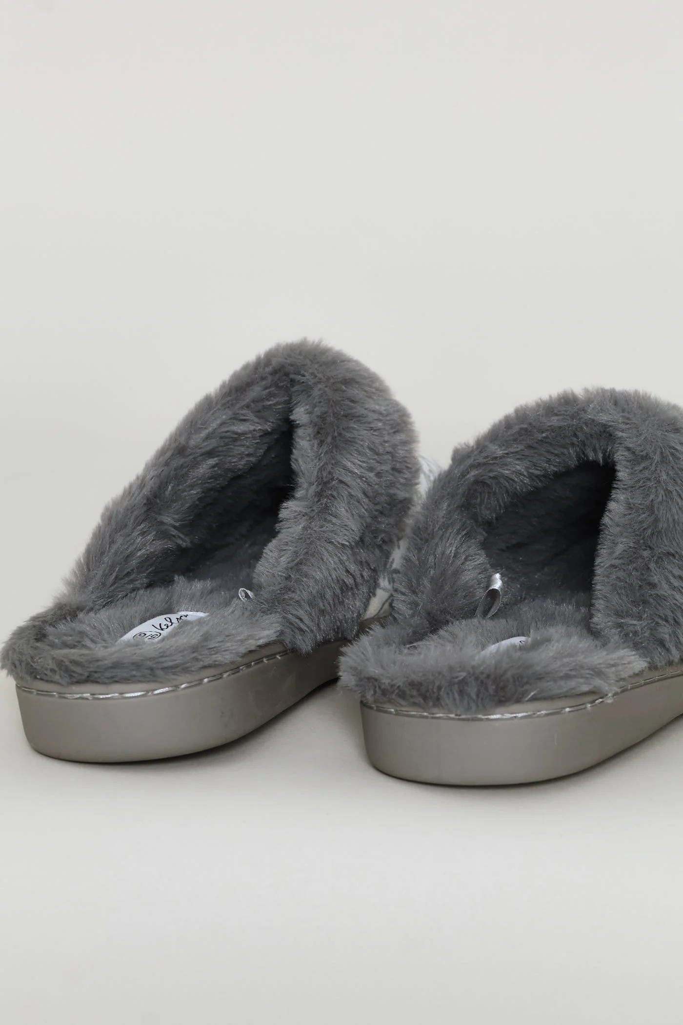 Printed Closed Toe Slipper With Faux Fur Trim - Grey - Image 5