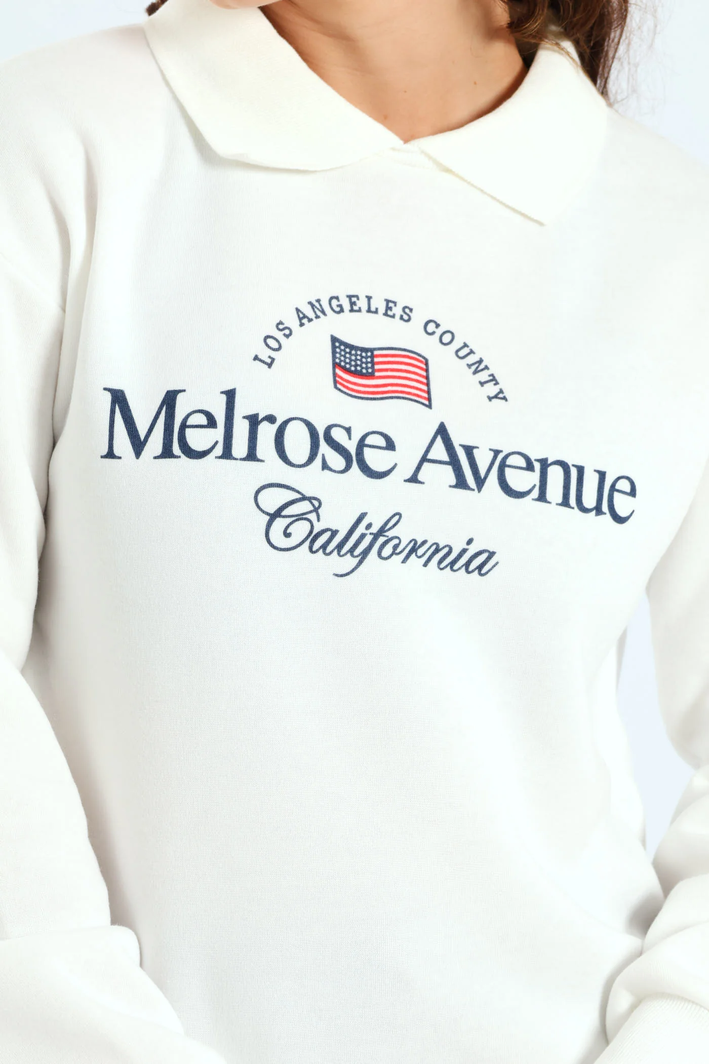 Printed Collar Fleece Top - White - Image 3