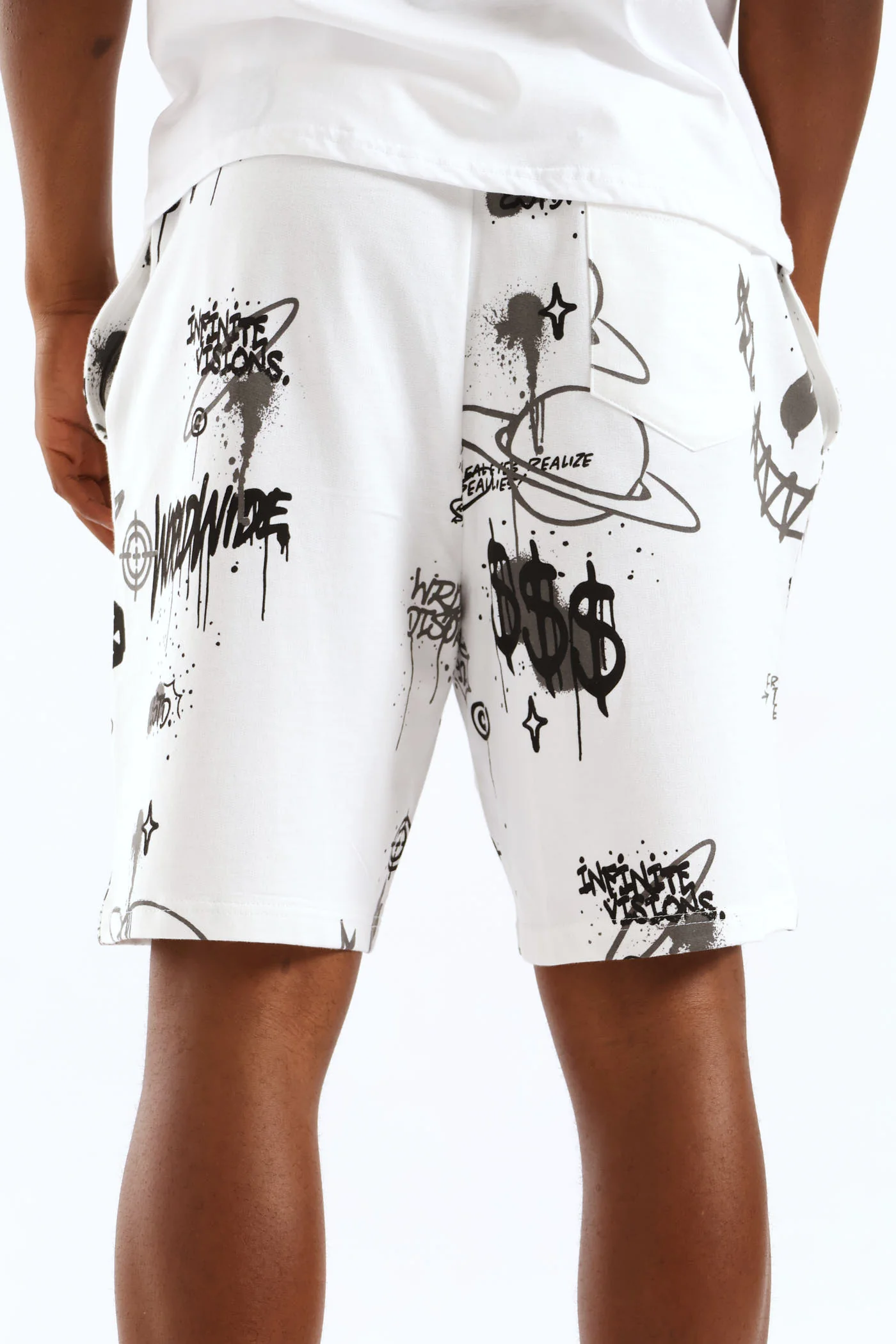 Printed Fleece Shorts - White - Image 4