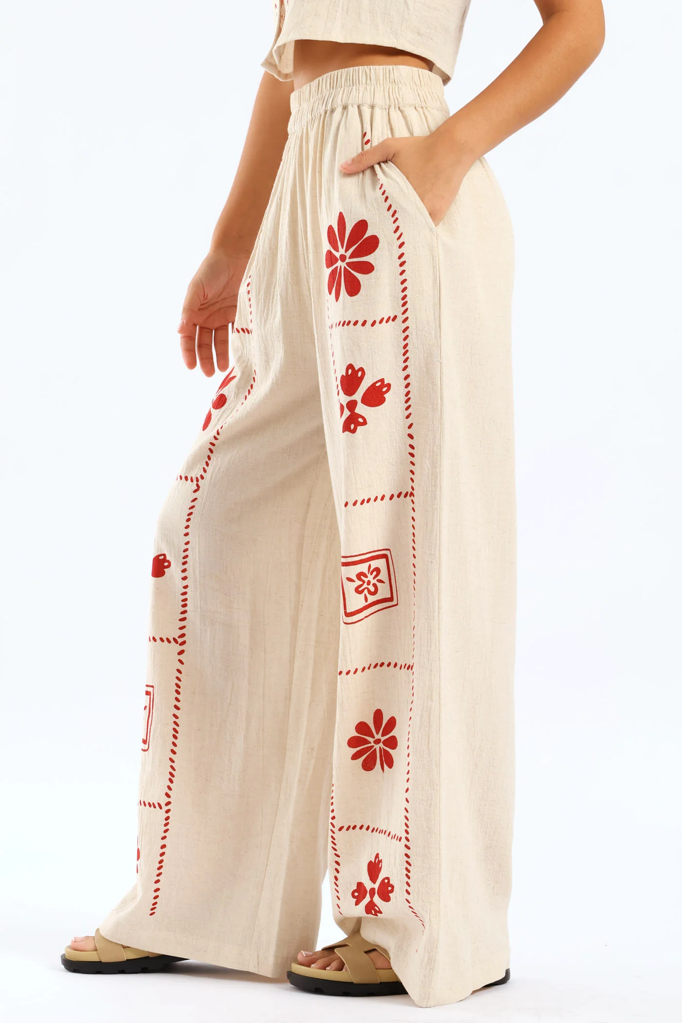 Printed Linen Pant - Beige - Image 3