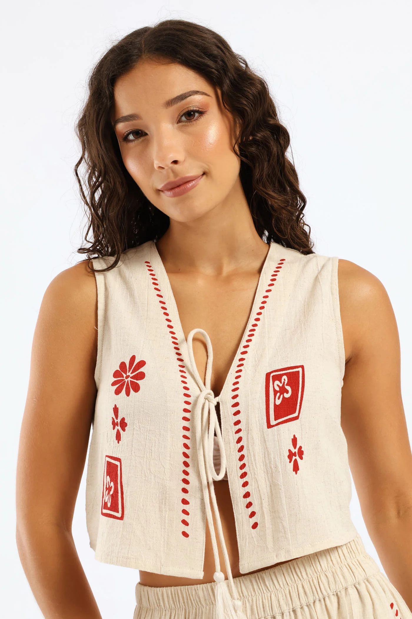 Printed Linen Waistcoat - Beige - Image 3