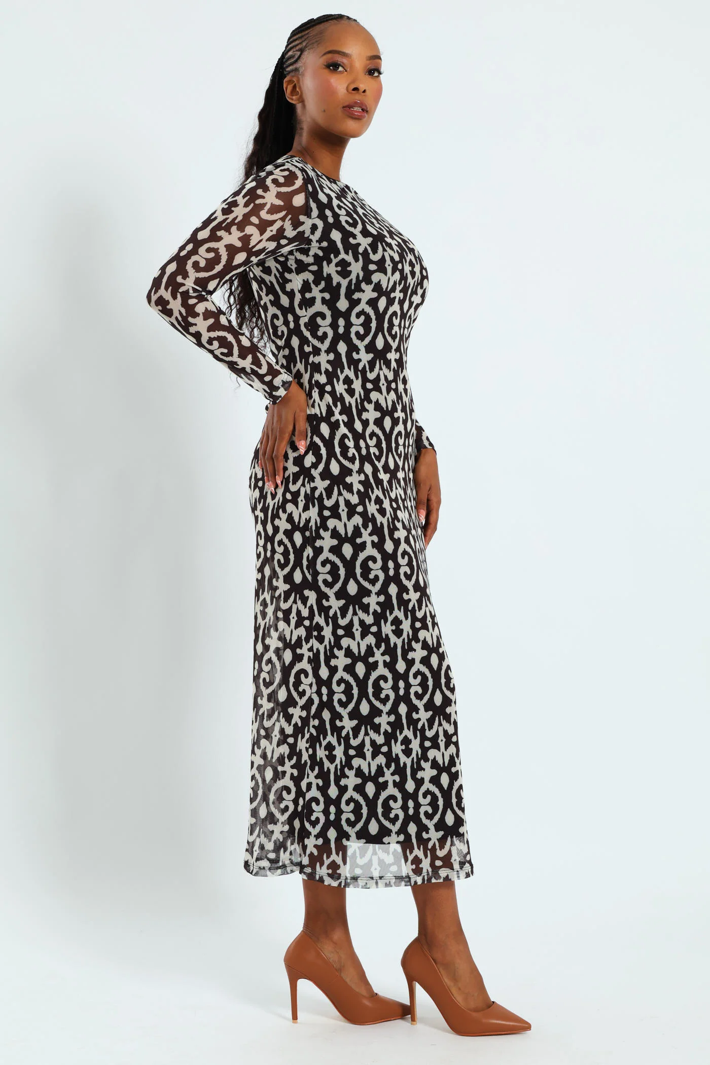 Printed Mesh A-Line Maxi Dress - Black/Cream - Image 3