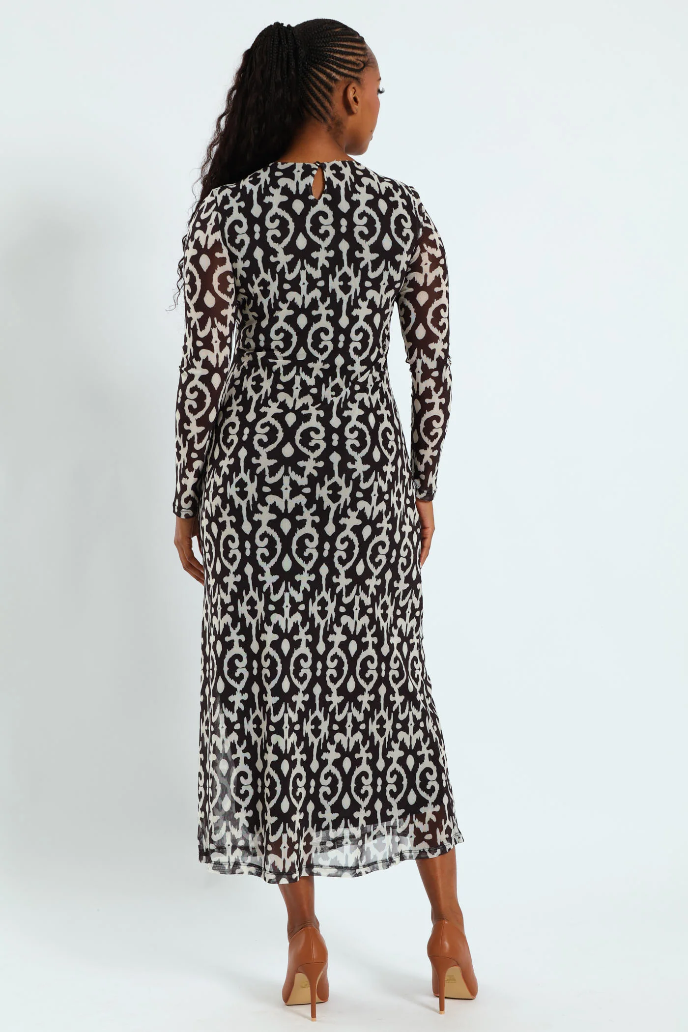 Printed Mesh A-Line Maxi Dress - Black/Cream - Image 4