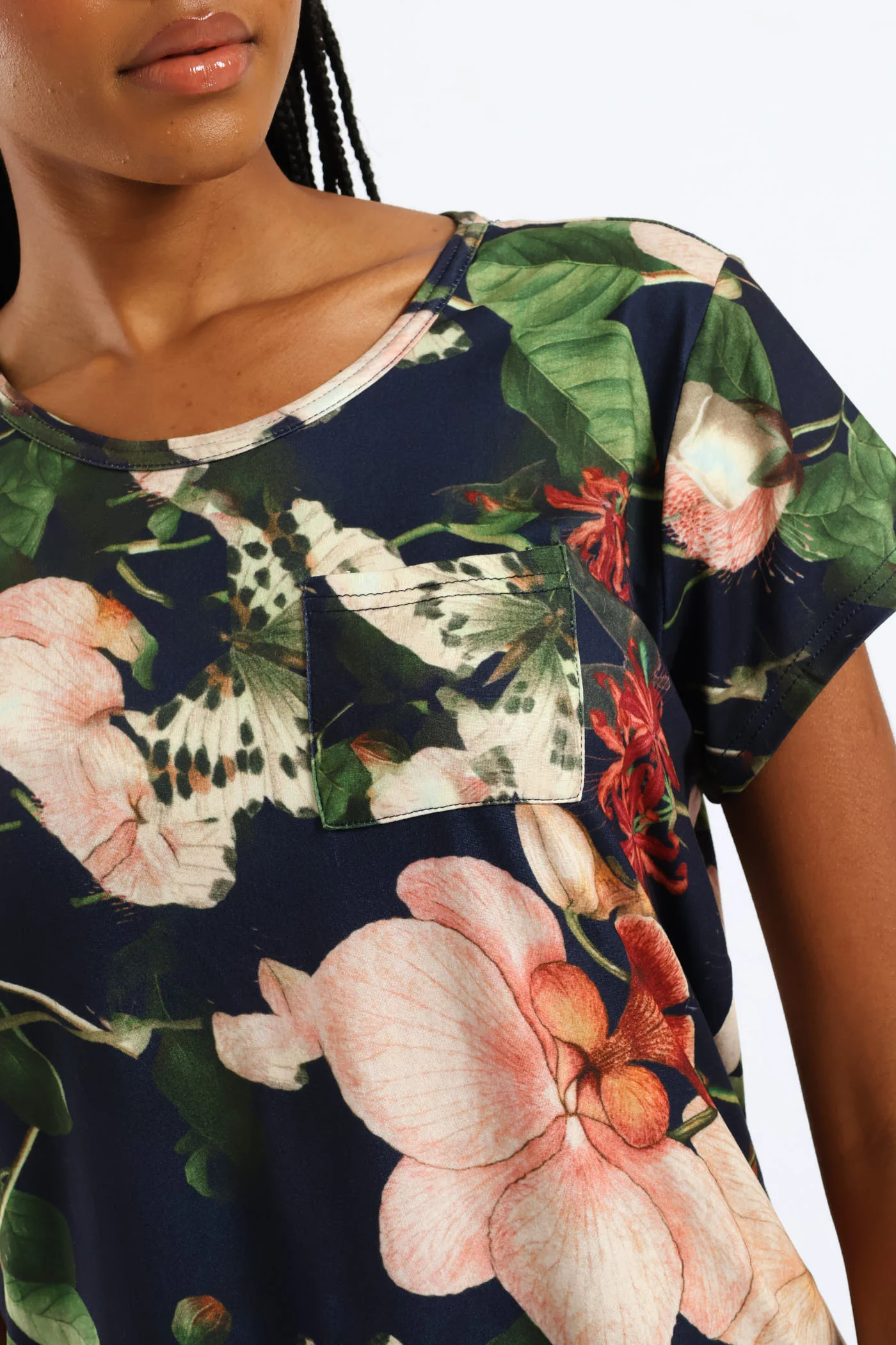 Floral Printed Pocket Tee - Navy - Image 2