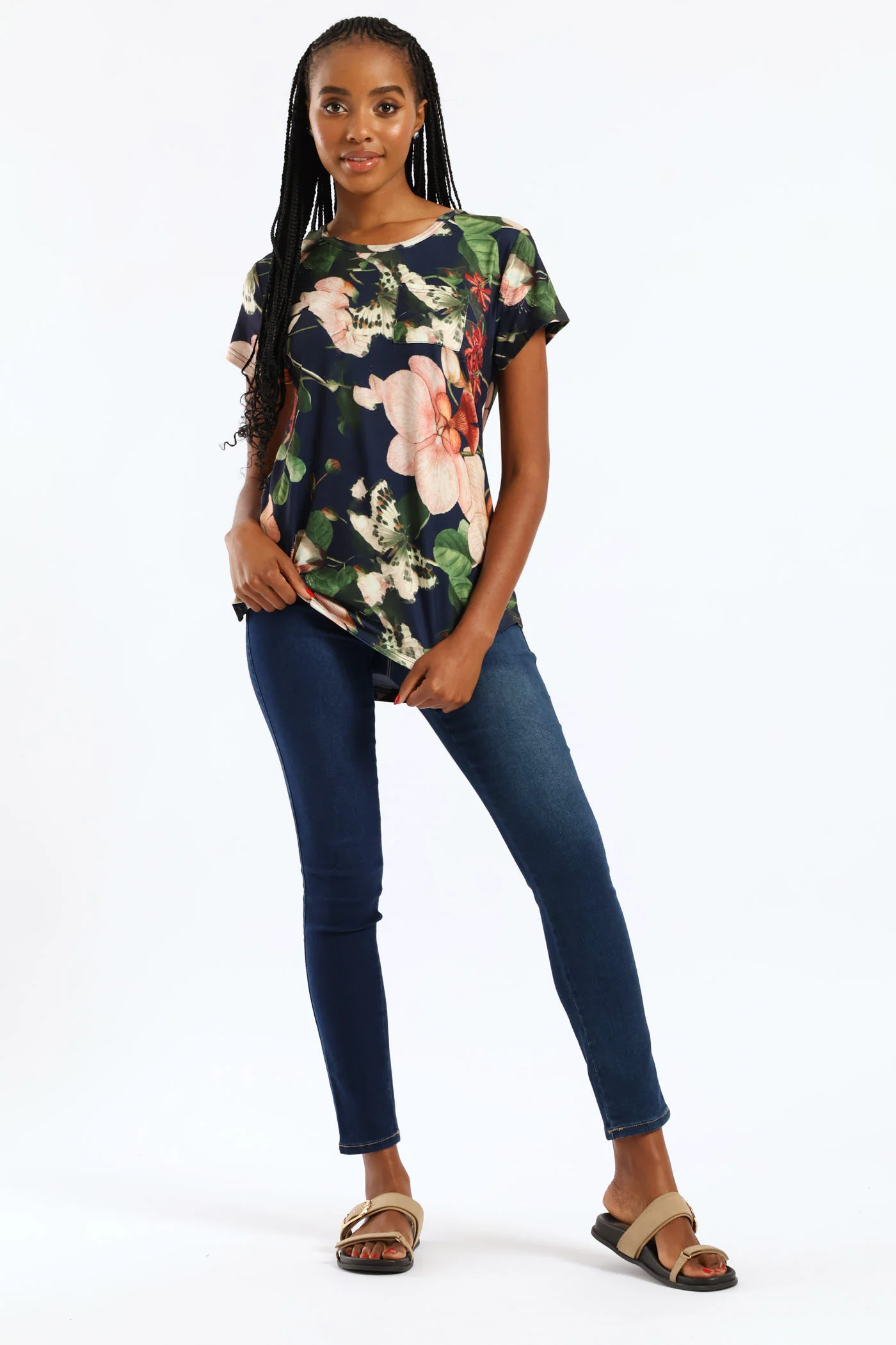 Floral Printed Pocket Tee - Navy - Image 3