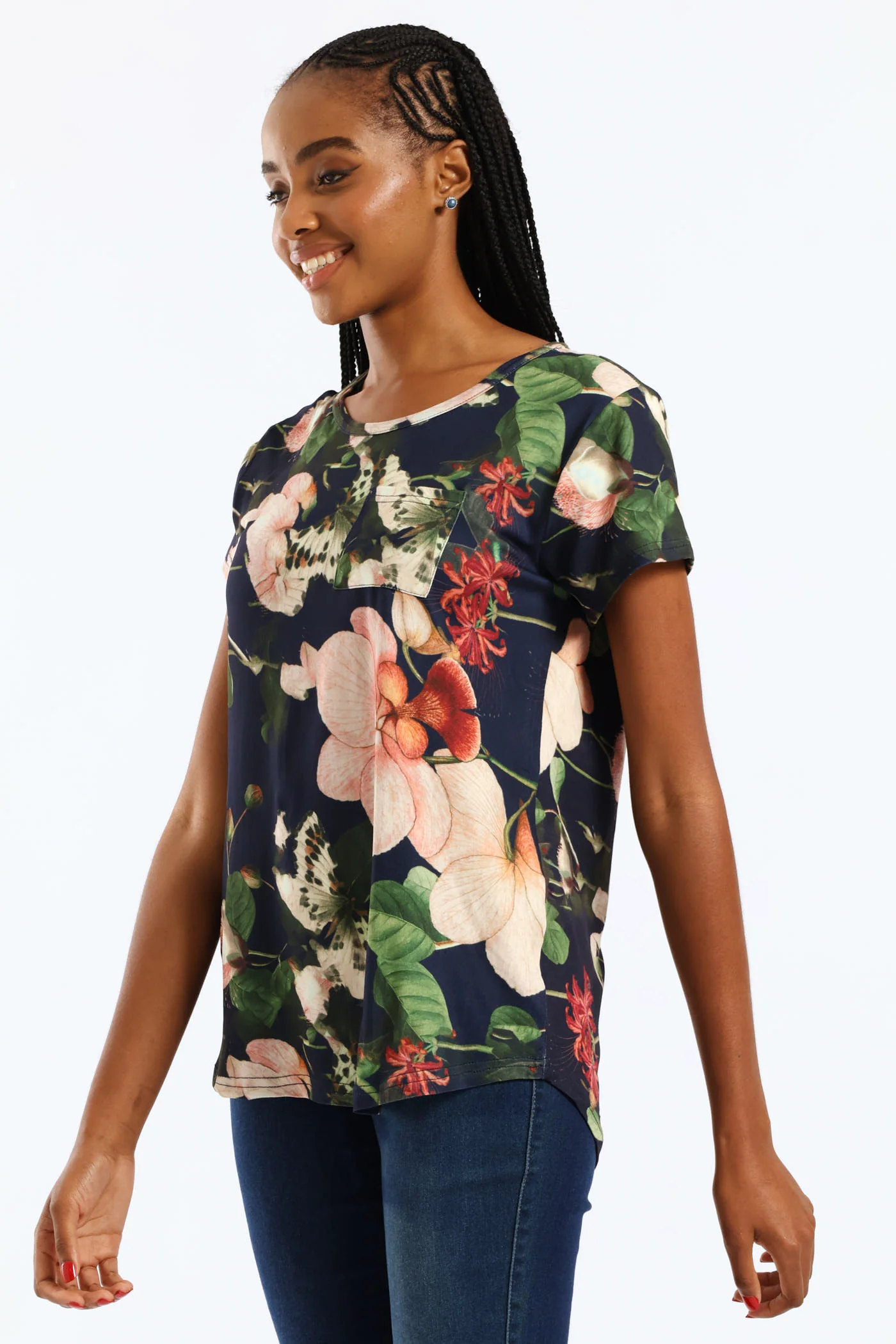 Floral Printed Pocket Tee - Navy - Image 4