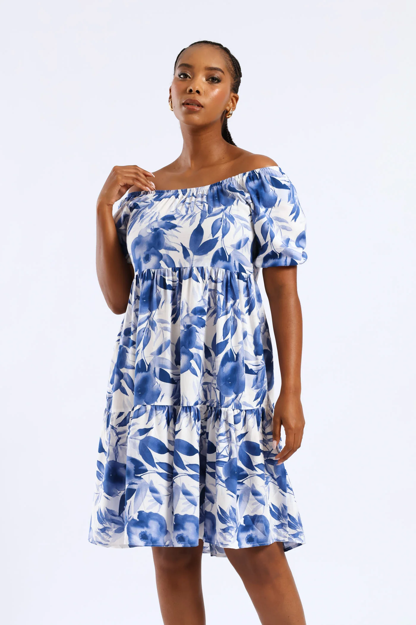 Printed Tiered Gypsy Mini Dress - White/Blue - Image 2