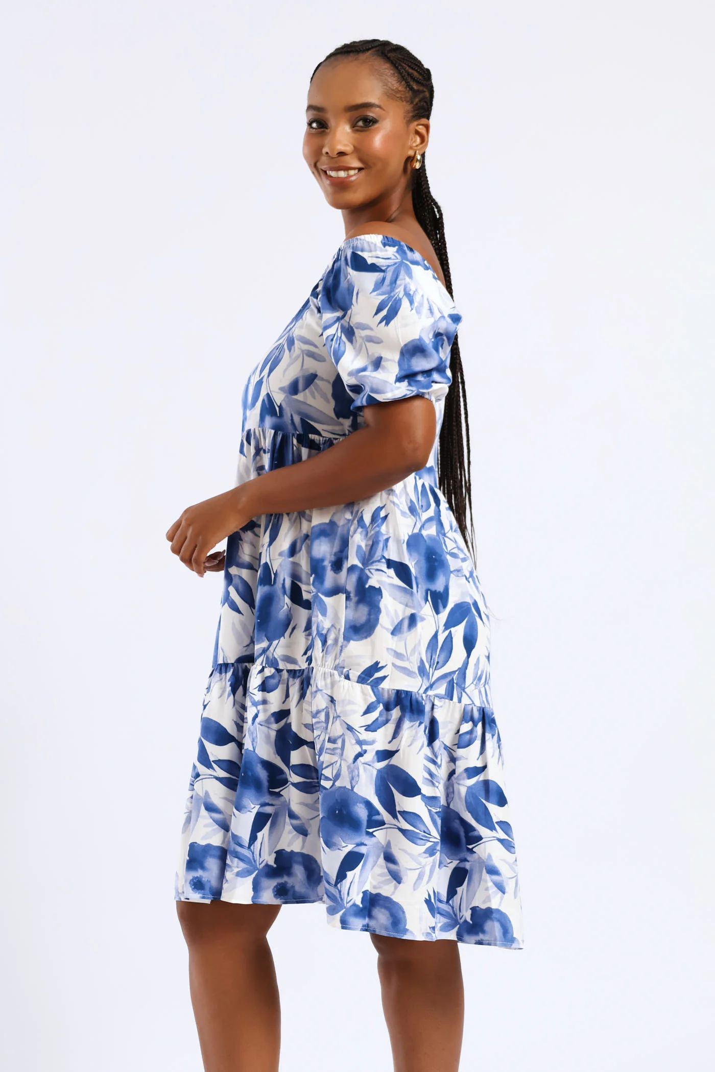 Printed Tiered Gypsy Mini Dress - White/Blue - Image 3