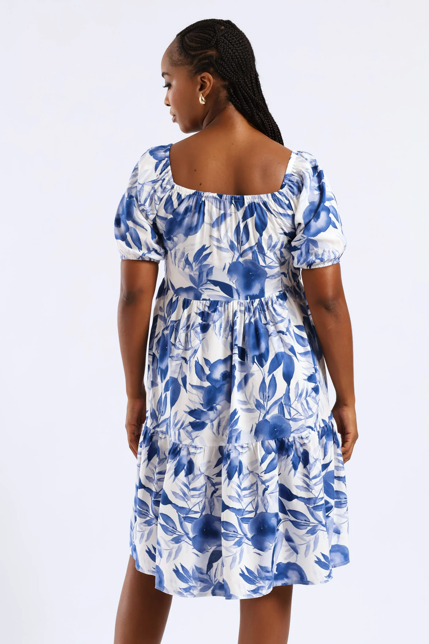 Printed Tiered Gypsy Mini Dress - White/Blue - Image 5