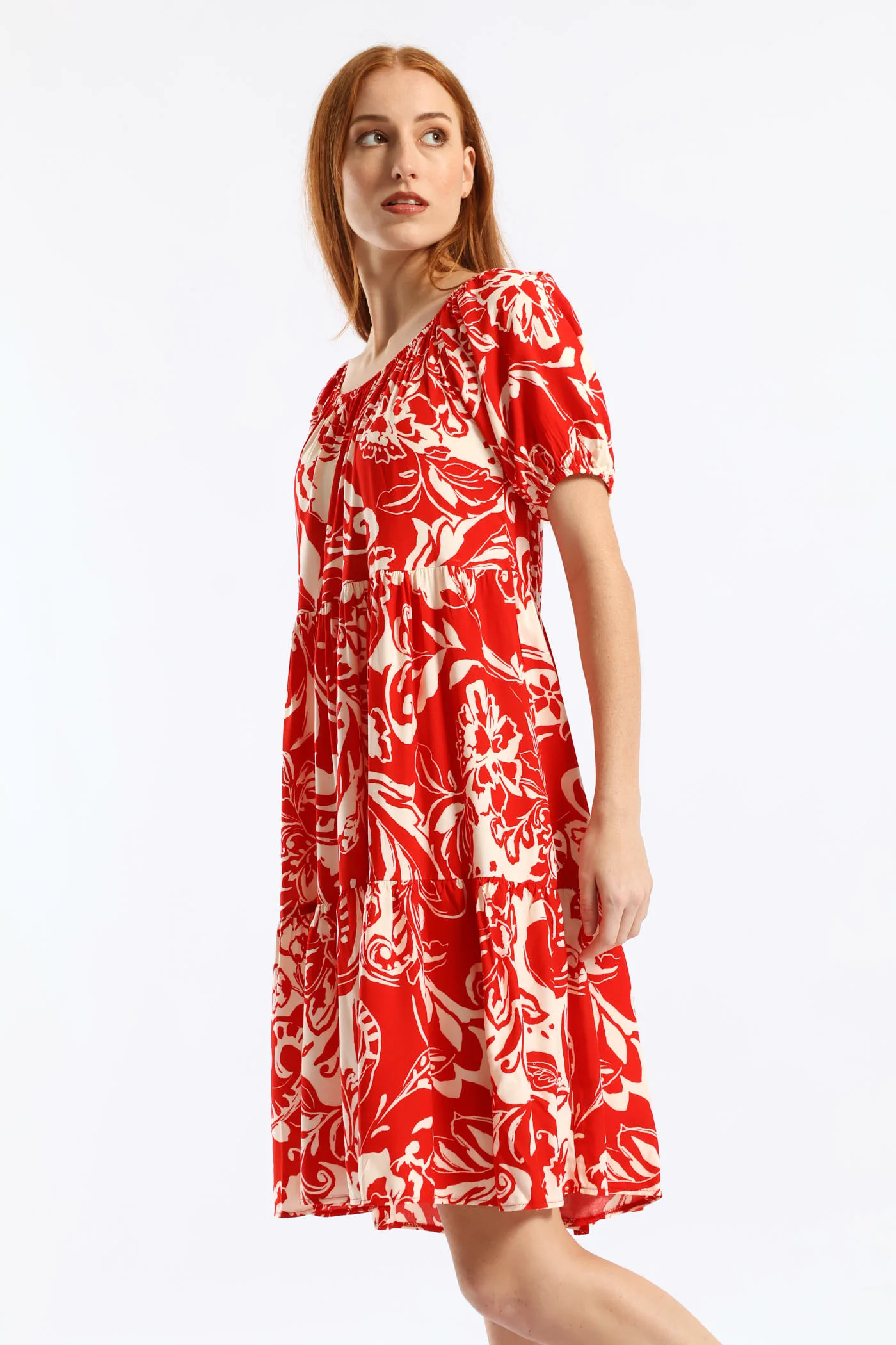 Printed Tiered Gypsy Mini Dress - White/Red - Image 3