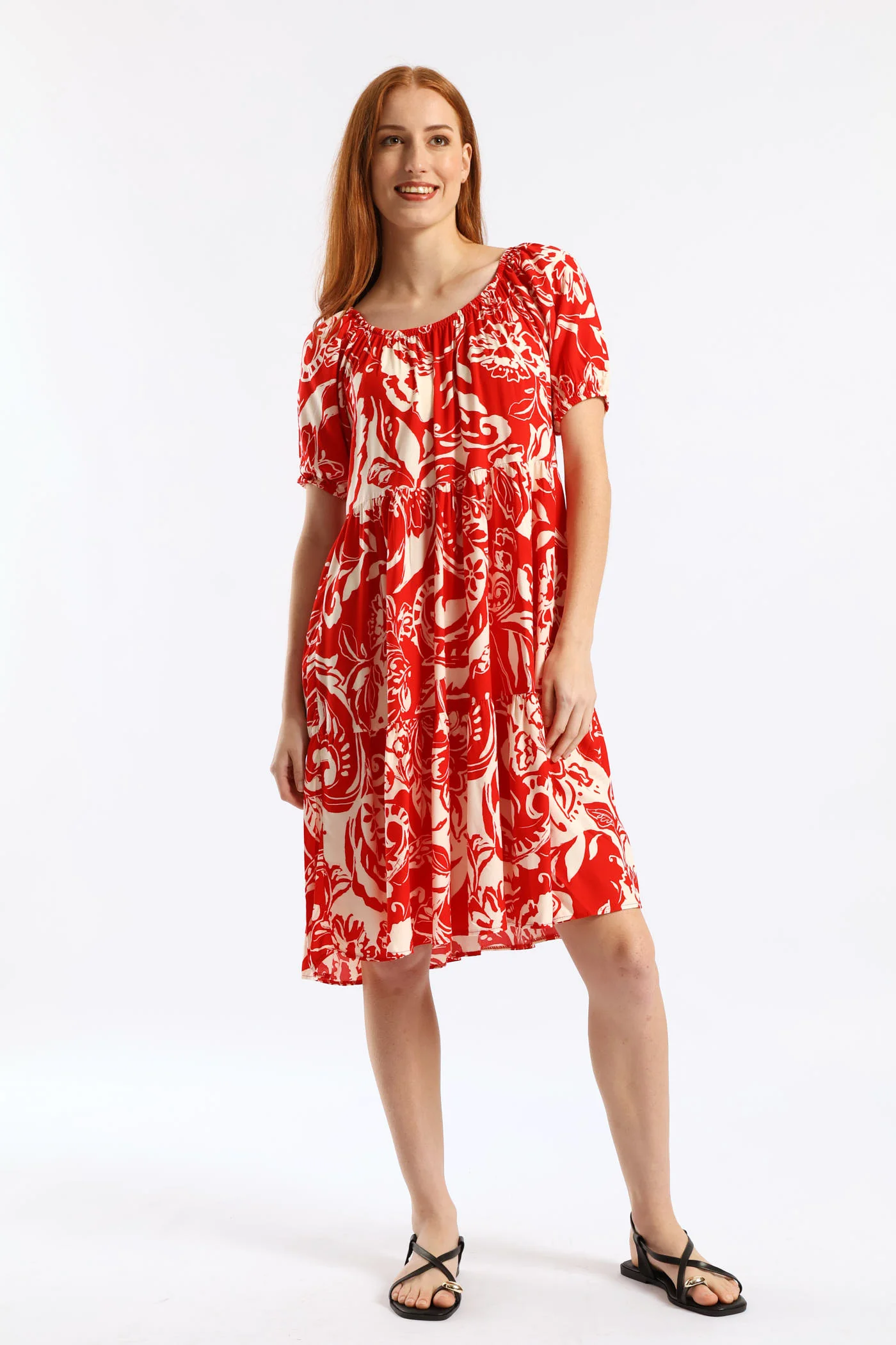 Printed Tiered Gypsy Mini Dress - White/Red - Image 6