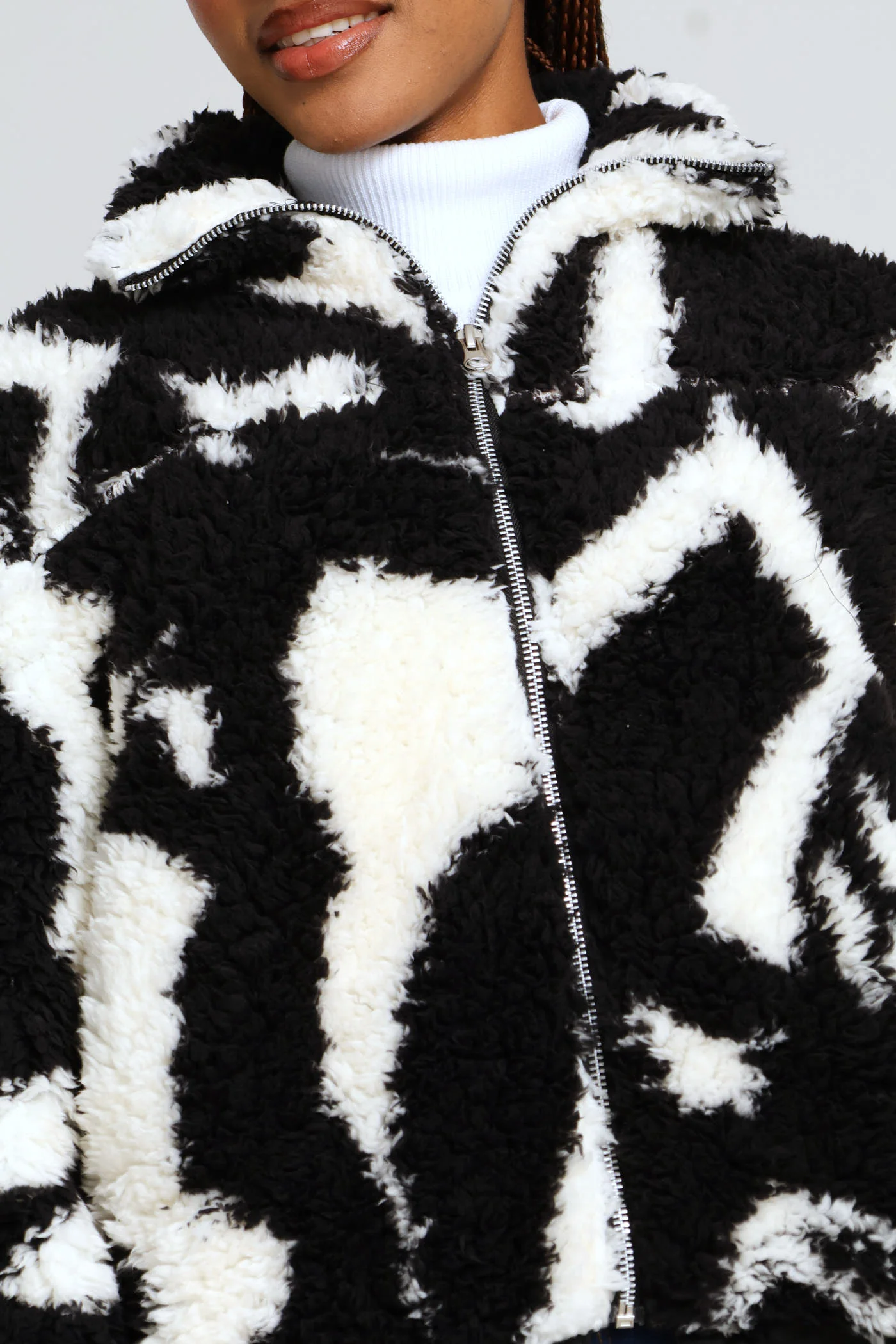 Printed Zip Thru Bomber Jacket - White/Black - Image 2