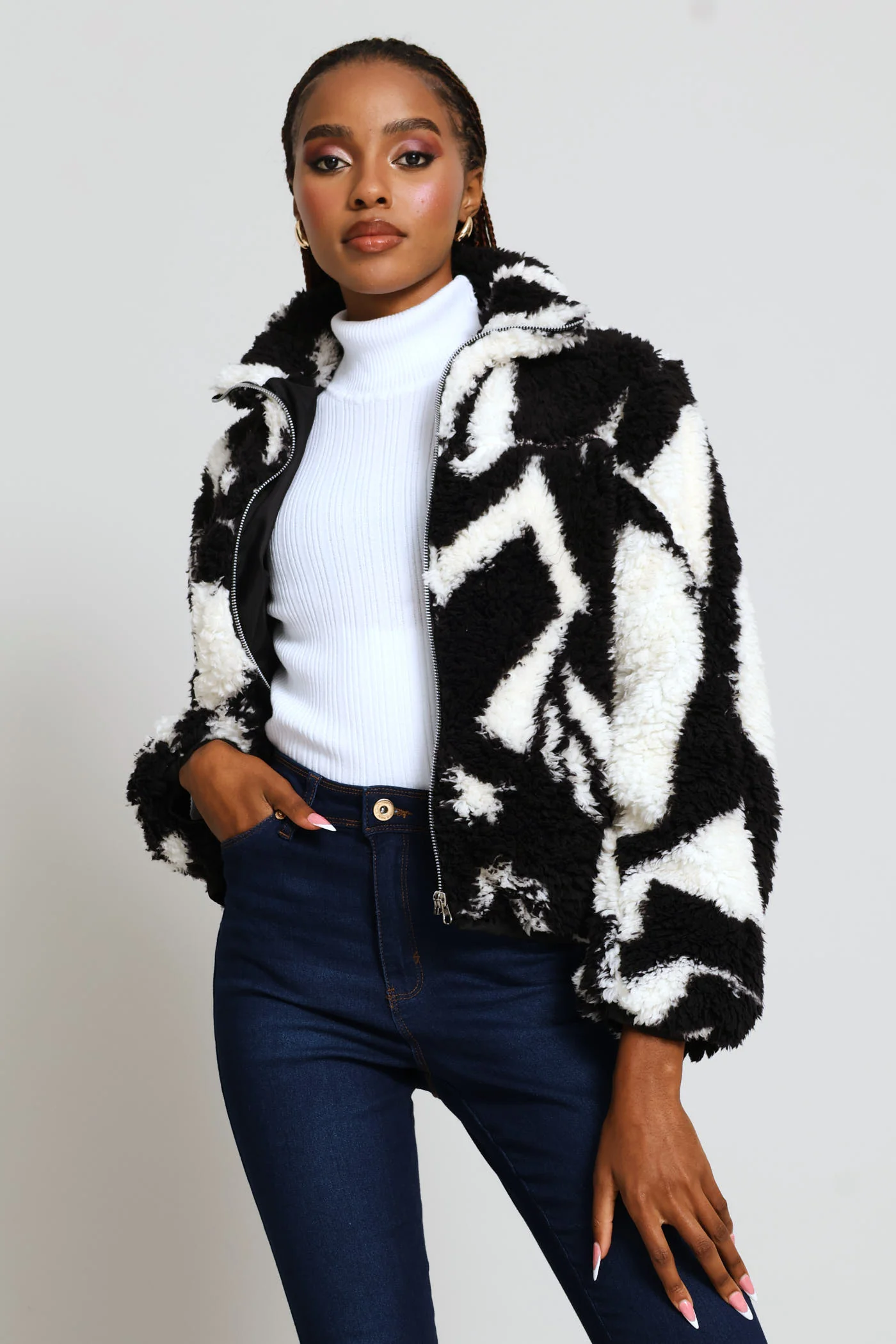 Printed Zip Thru Bomber Jacket - White/Black - Image 3