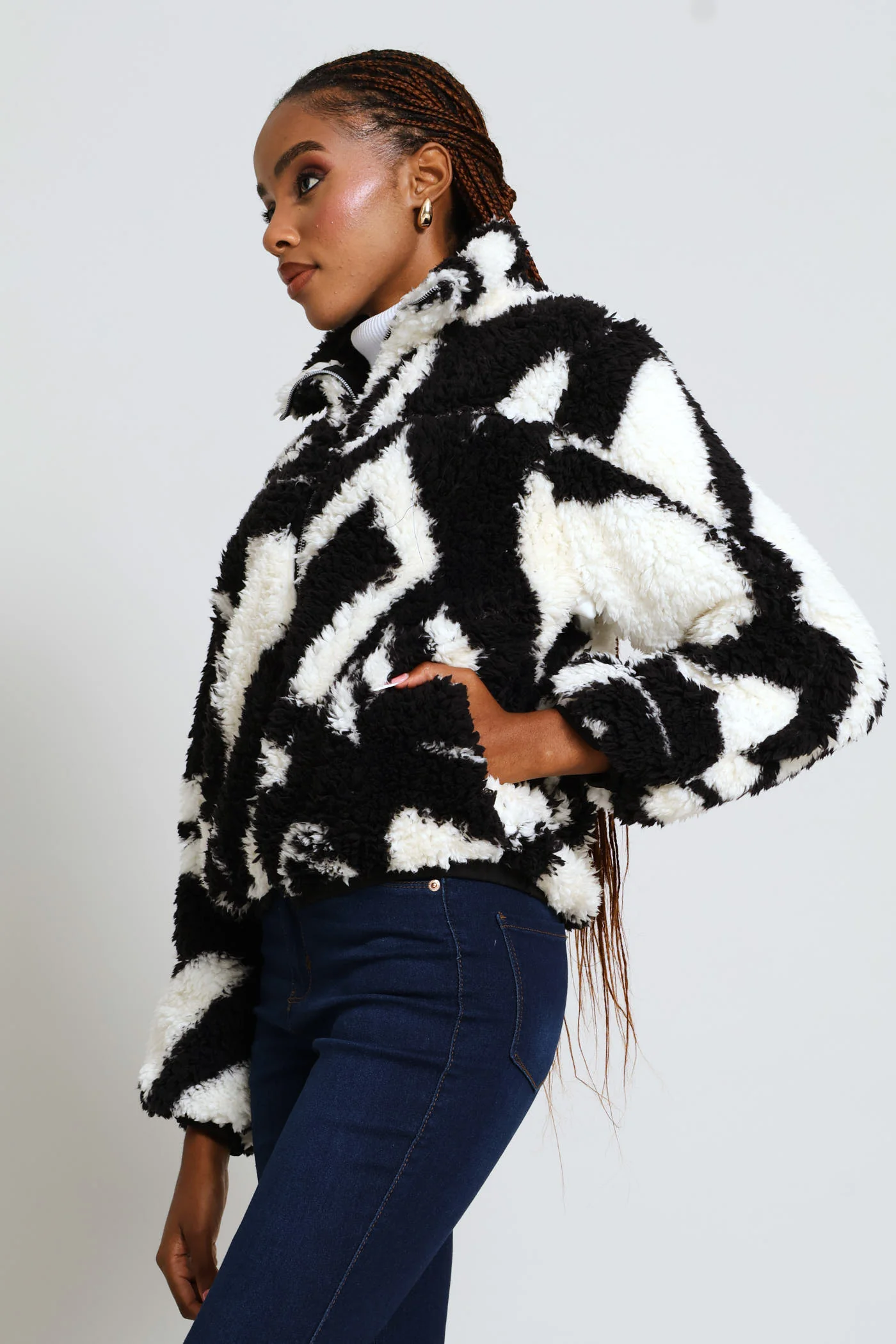 Printed Zip Thru Bomber Jacket - White/Black - Image 4