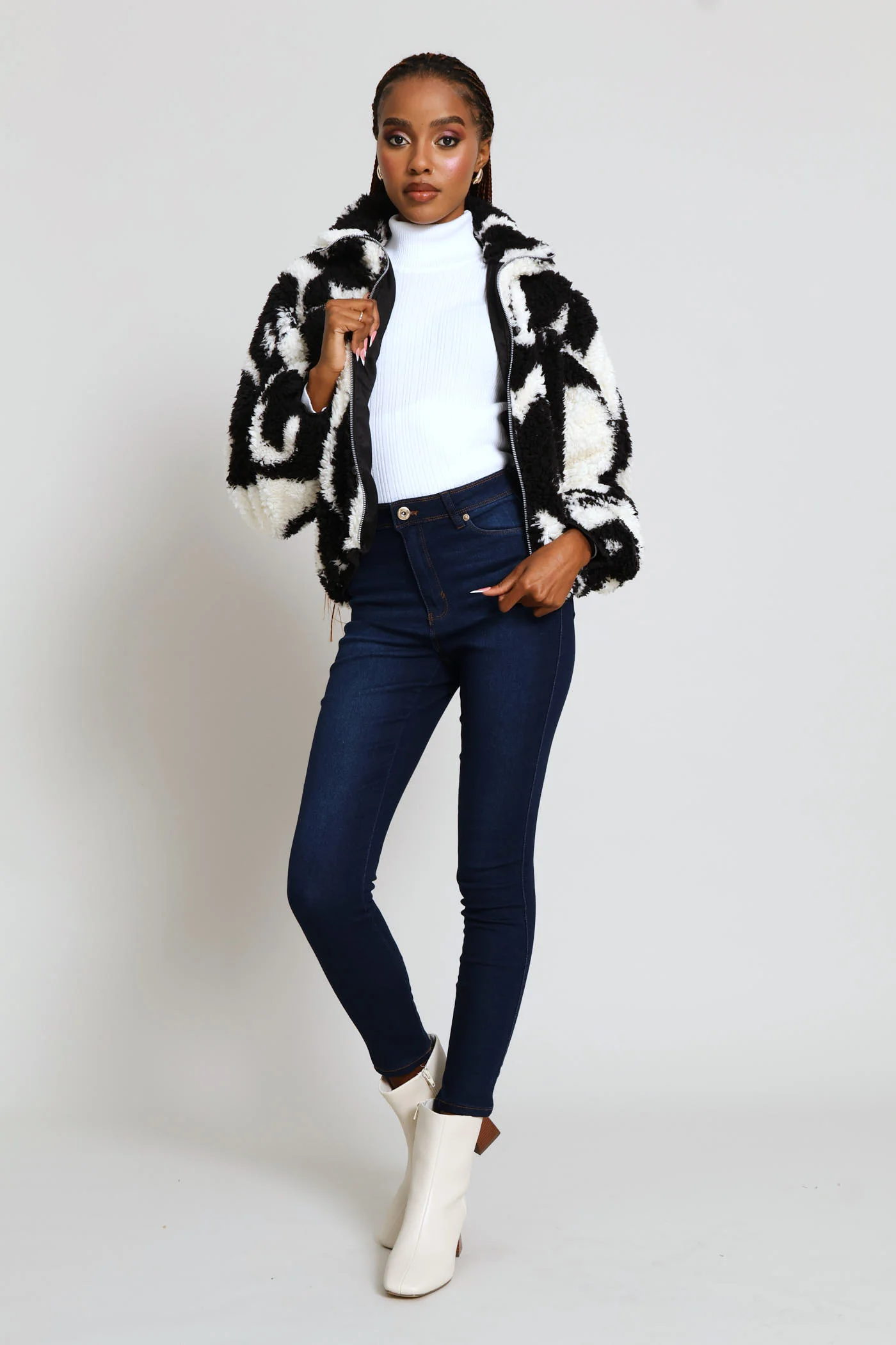 Printed Zip Thru Bomber Jacket - White/Black - Image 6