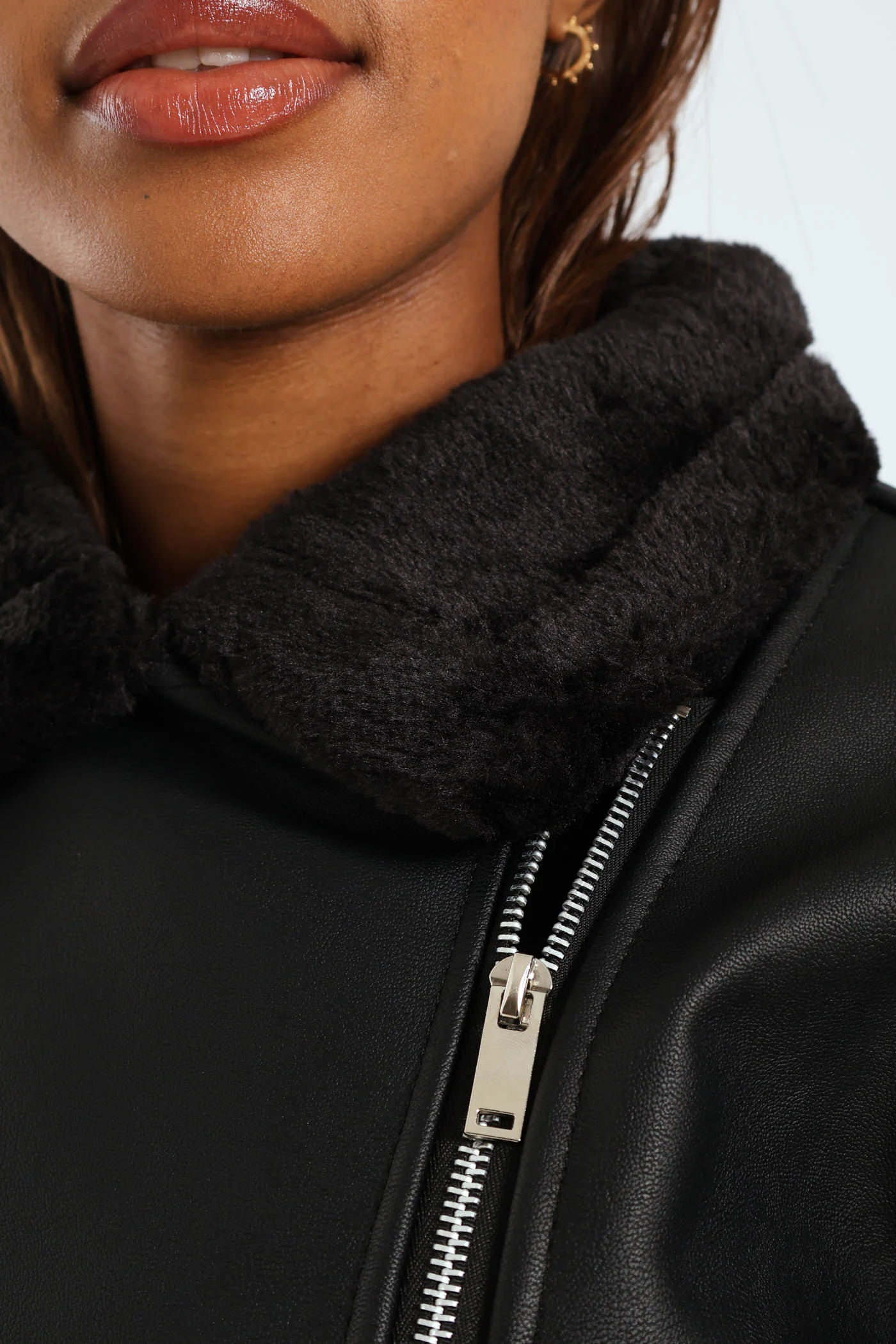 Tonal Fur Lined PU Aviator Jacket - Black - Image 3