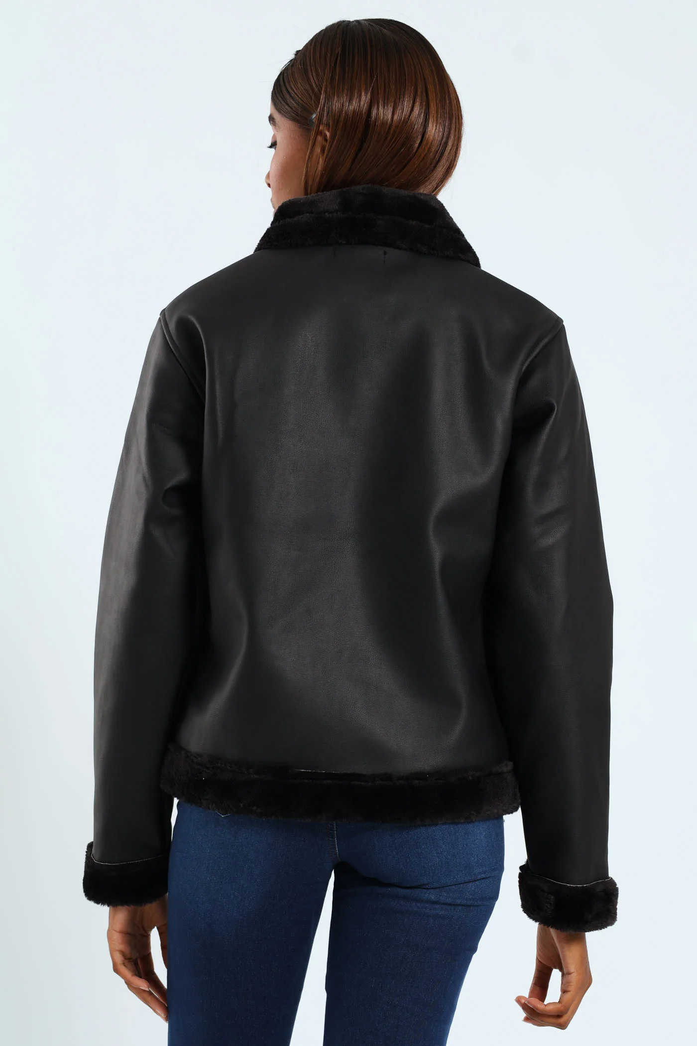 Tonal Fur Lined PU Aviator Jacket - Black - Image 4
