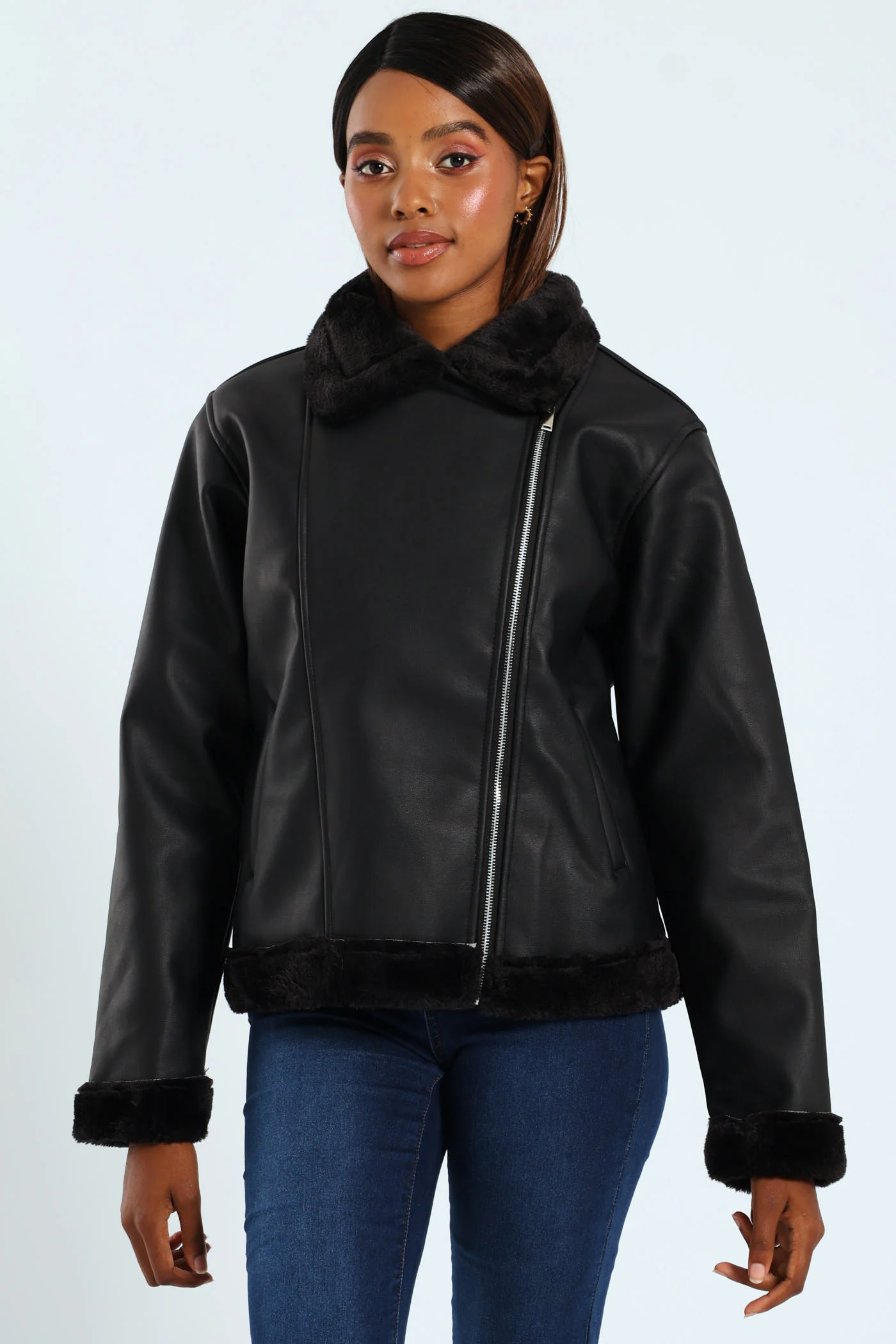Tonal Fur Lined PU Aviator Jacket - Black - Image 5