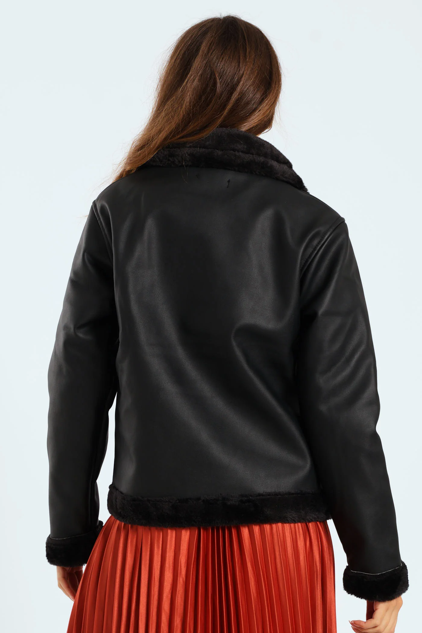 Tonal Fur Lined PU Aviator Jacket - Black - Image 7