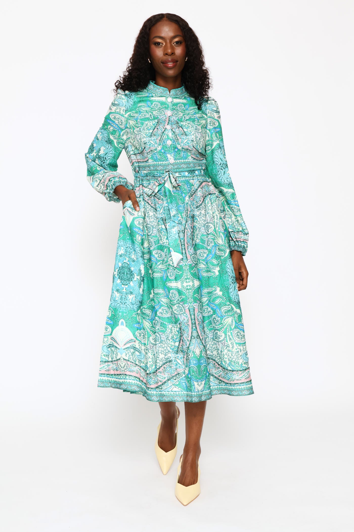 Puff Cuff Mandarin Collar Button Through Dress - Green - Image 2