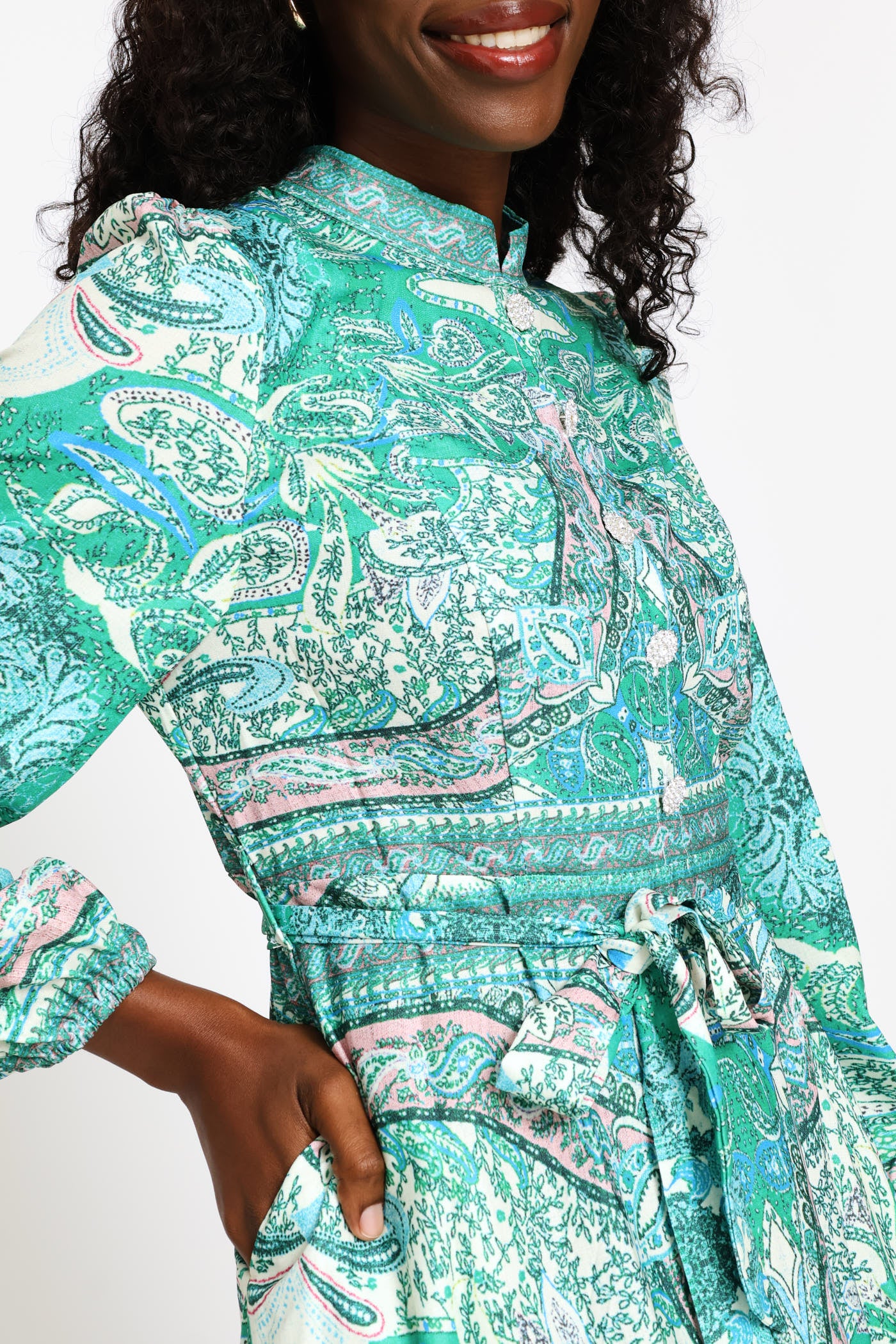Puff Cuff Mandarin Collar Button Through Dress - Green - Image 3