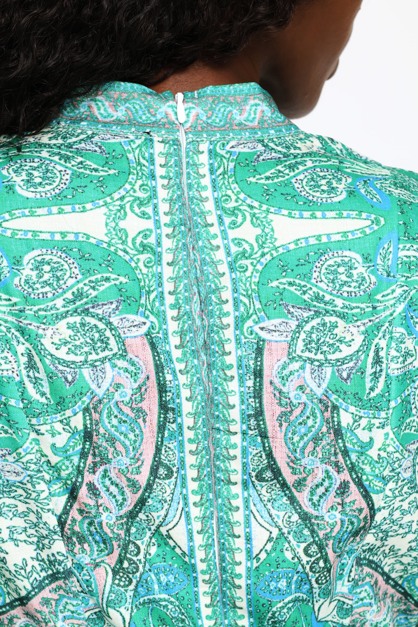 Puff Cuff Mandarin Collar Button Through Dress - Green - Image 4