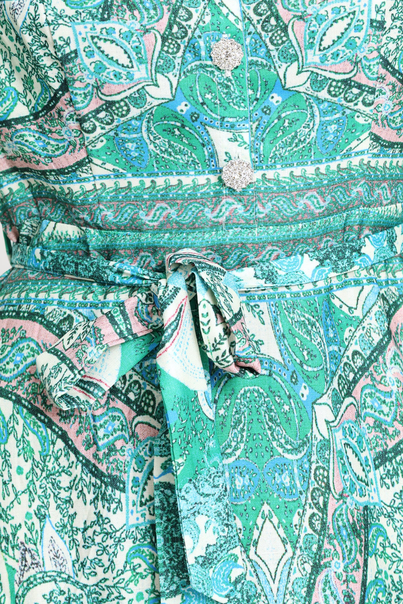 Puff Cuff Mandarin Collar Button Through Dress - Green - Image 5