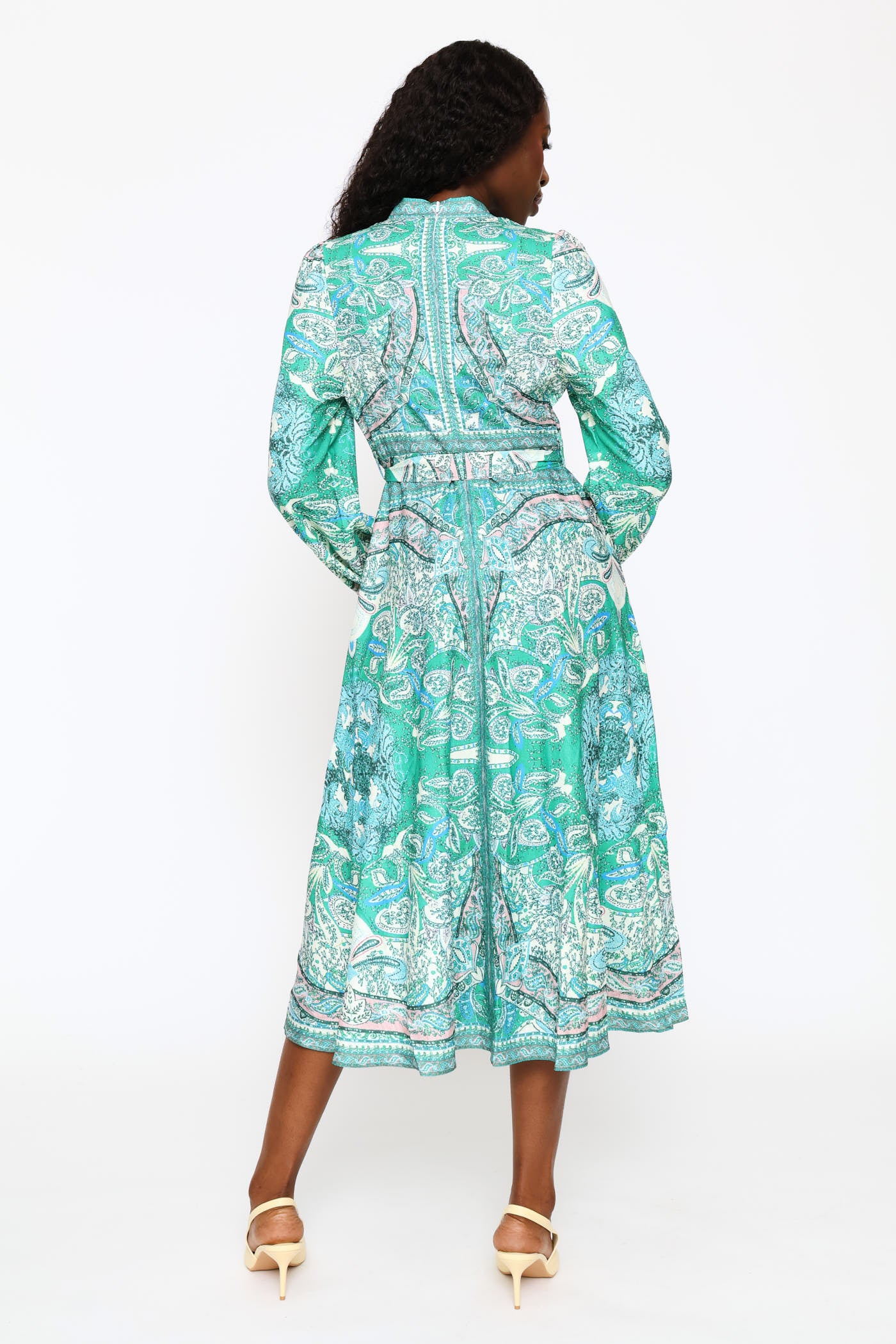 Puff Cuff Mandarin Collar Button Through Dress - Green - Image 6