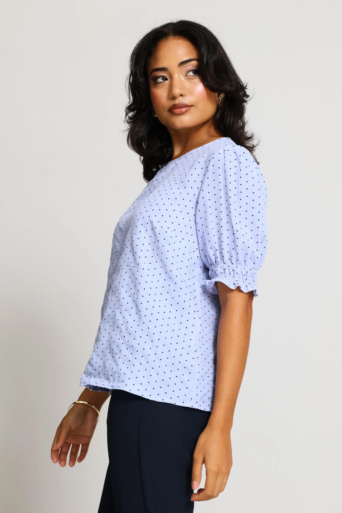 Puff Sleeve Blouse - Blue/Black - Image 3