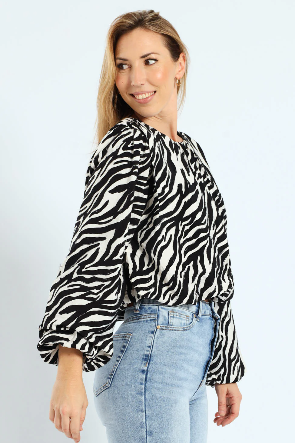 Zebra Puff Sleeve Bubble Hem Blouse - Cream/Black - Image 2