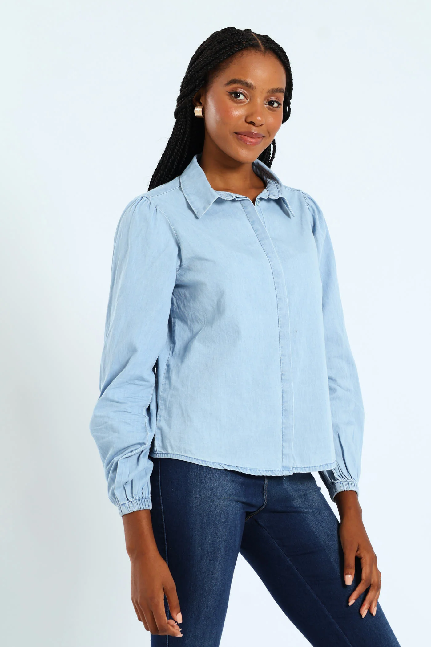 Puff Sleeve Chambray Shirt - Light Wash - Image 2