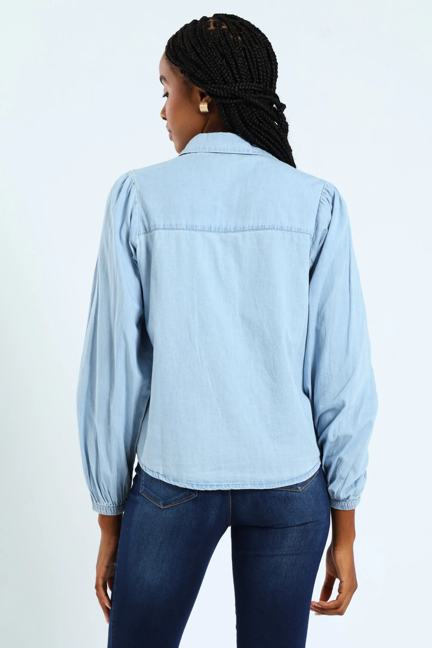 Puff Sleeve Chambray Shirt - Light Wash - Image 3