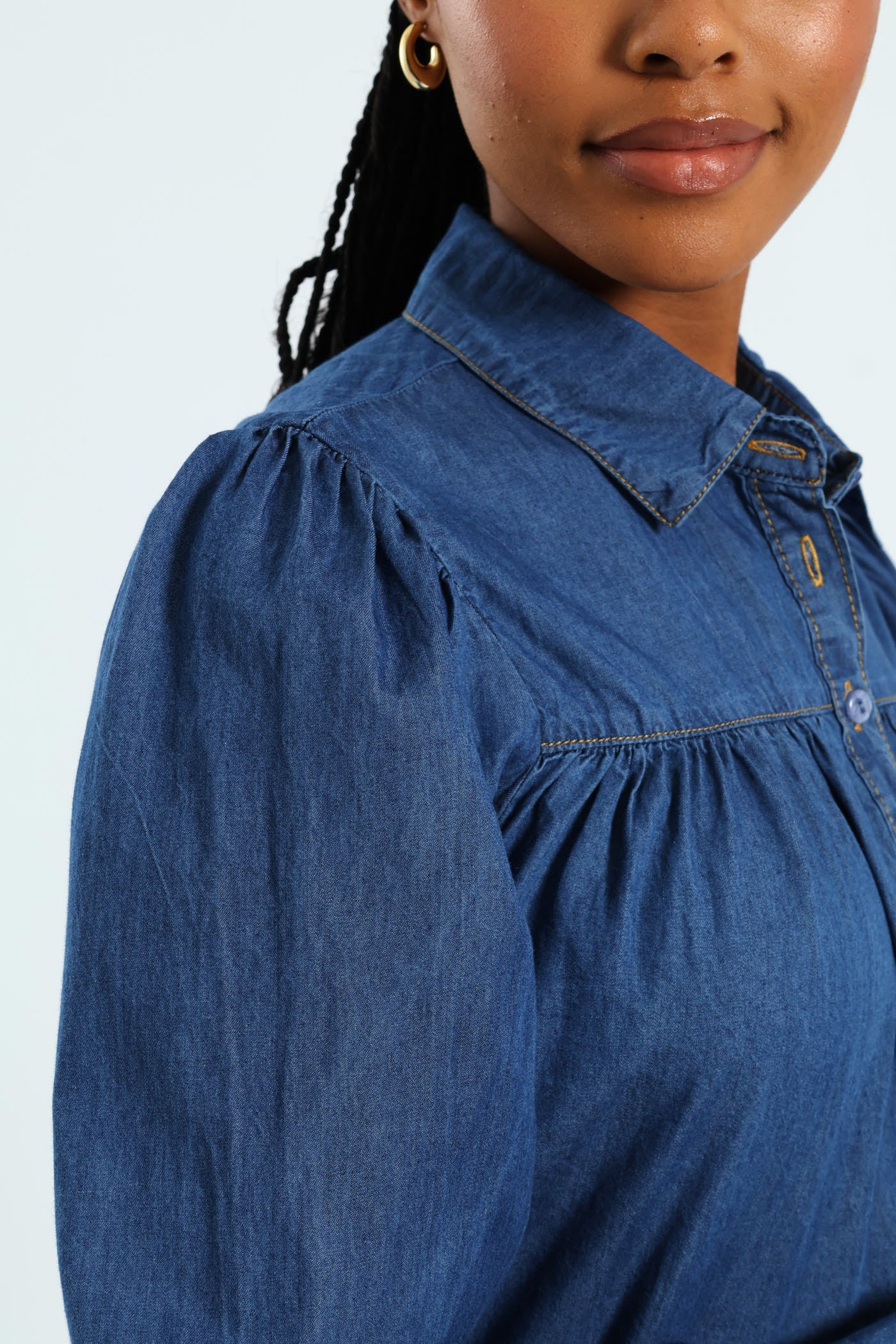 Puff Sleeve Chambray Shirt - Medium Wash - Image 2