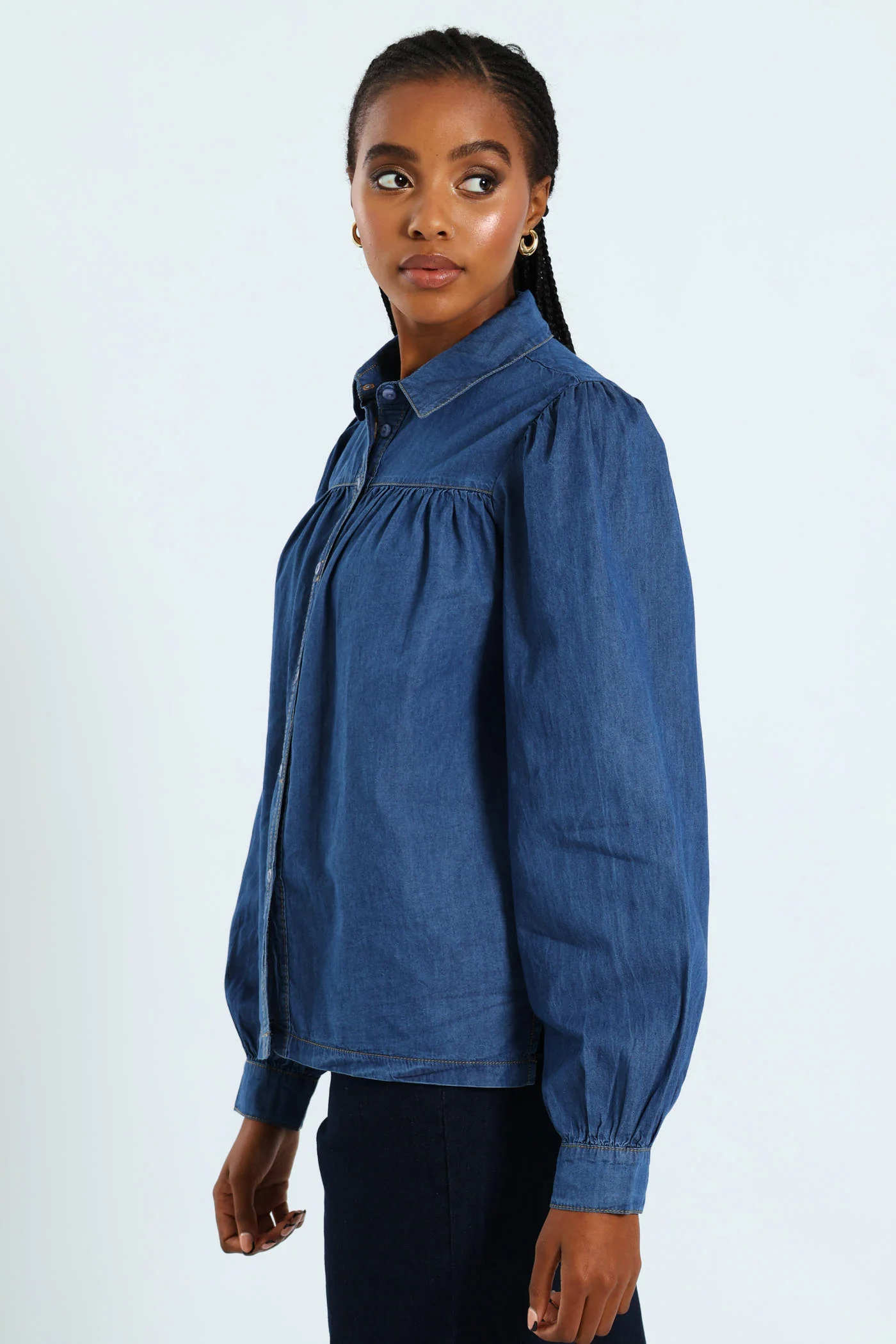 Puff Sleeve Chambray Shirt - Medium Wash - Image 3