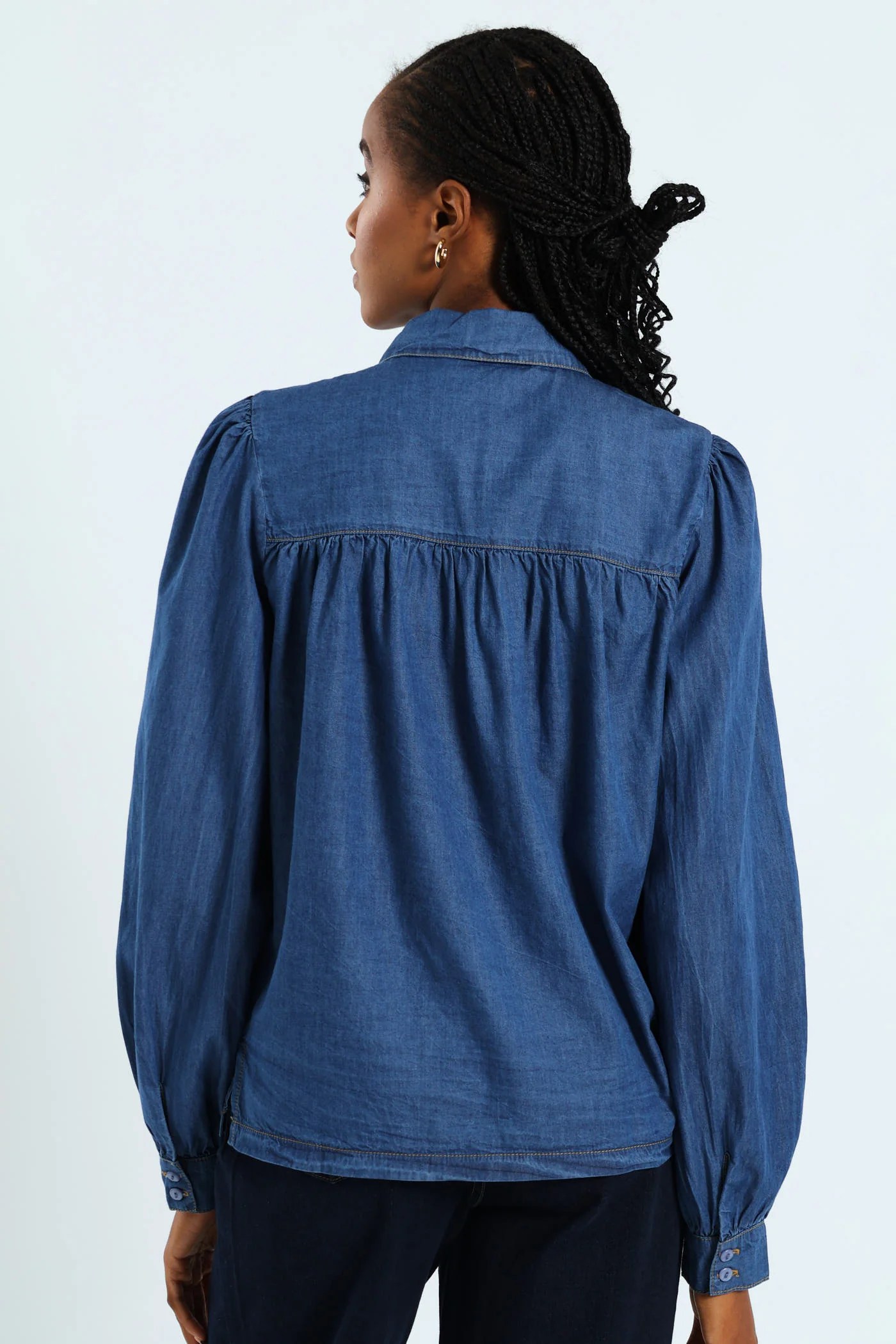 Puff Sleeve Chambray Shirt - Medium Wash - Image 4