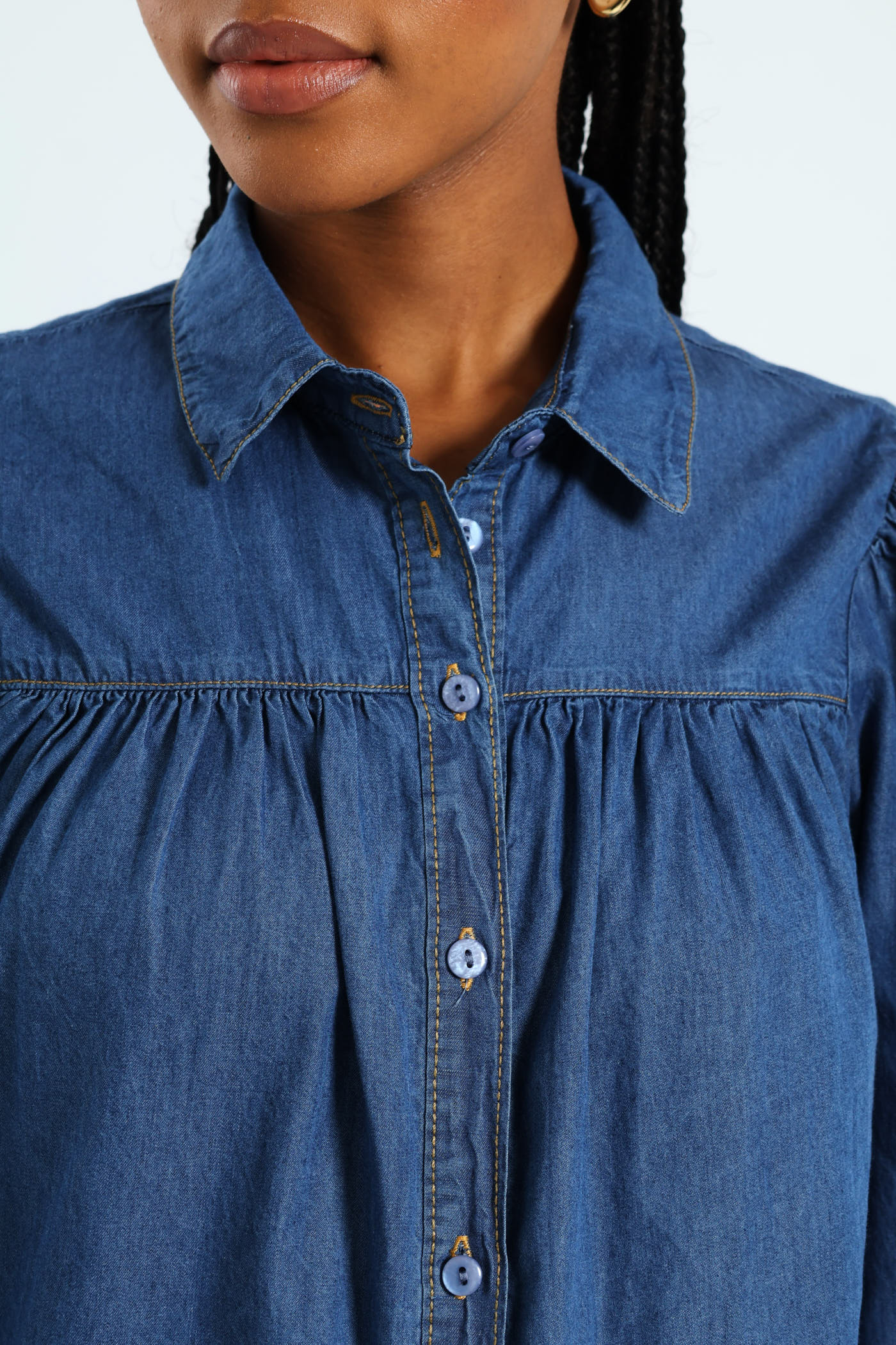 Puff Sleeve Chambray Shirt - Medium Wash - Image 5