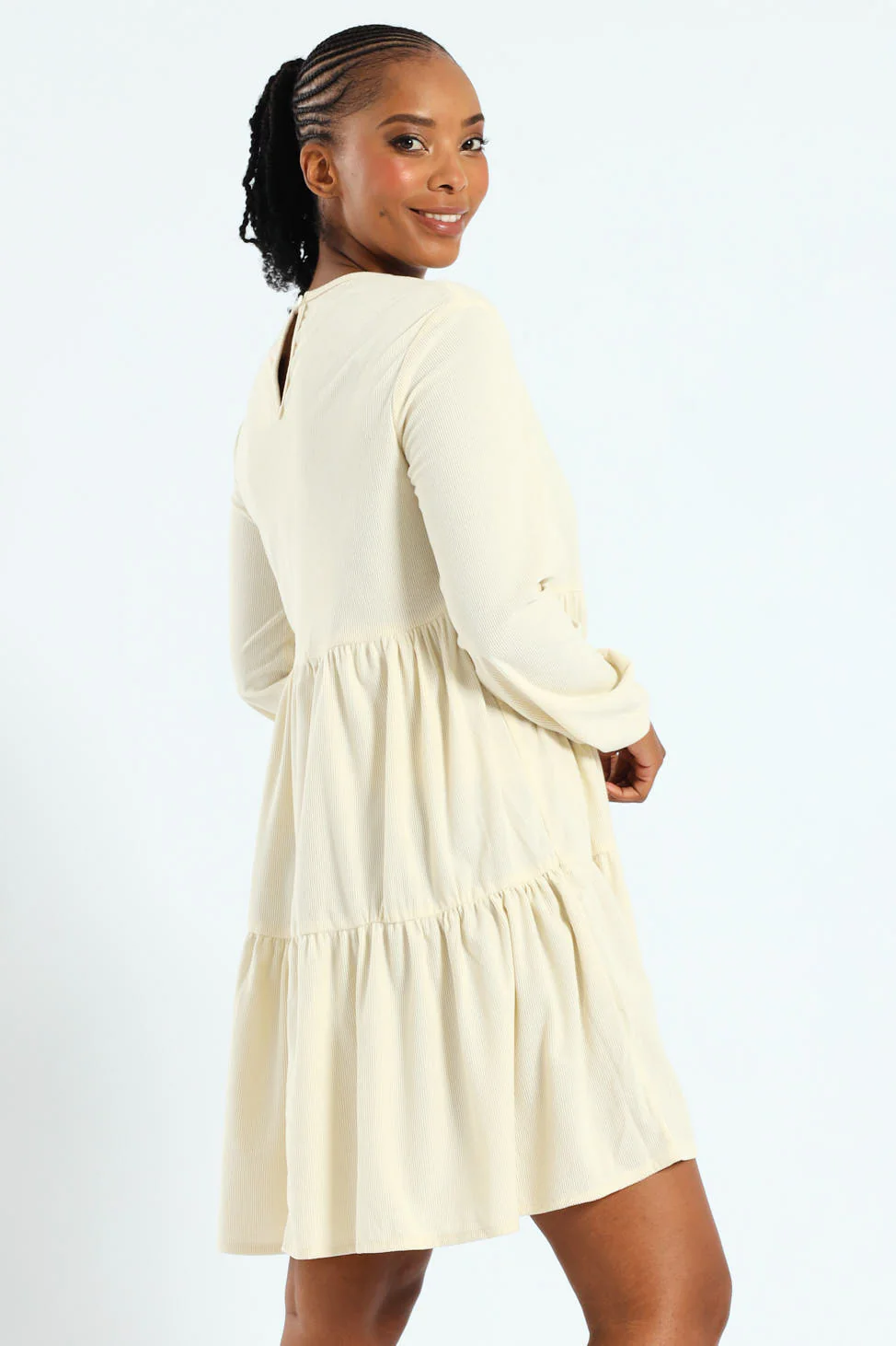 Puff Sleeve Corduroy Tiered Mini Dress - Image 3