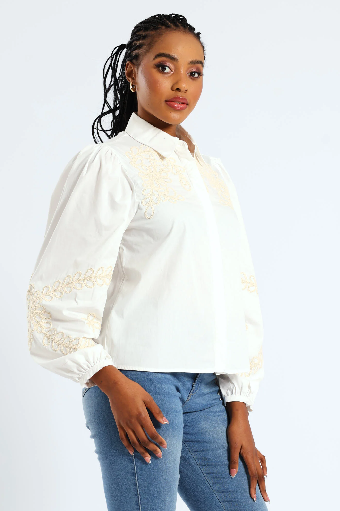 Puff Sleeve Cornelli Regular Shirt - White - Image 5