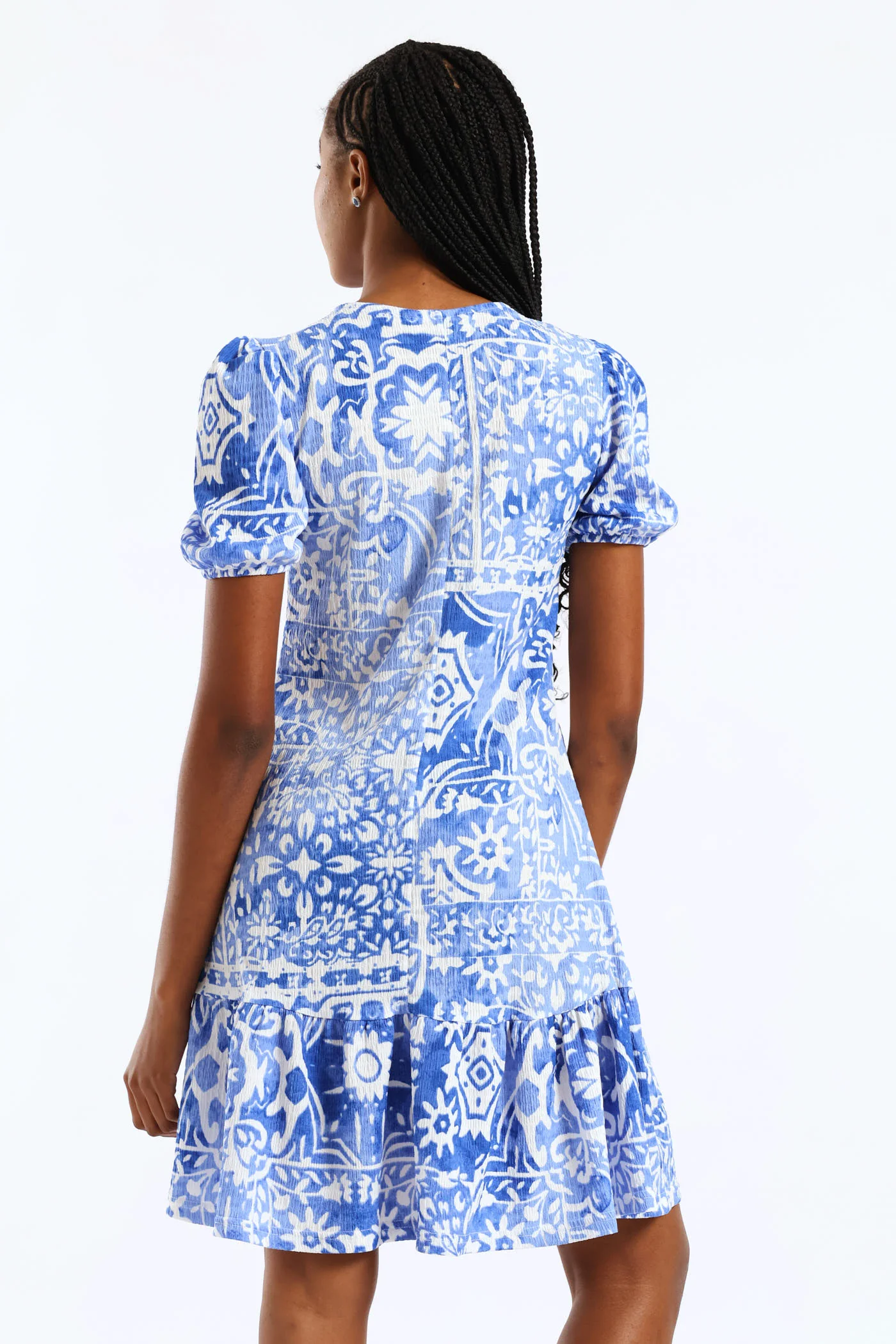 Puff Sleeve Crinkle Frill Hem Dress - White/Blue - Image 3