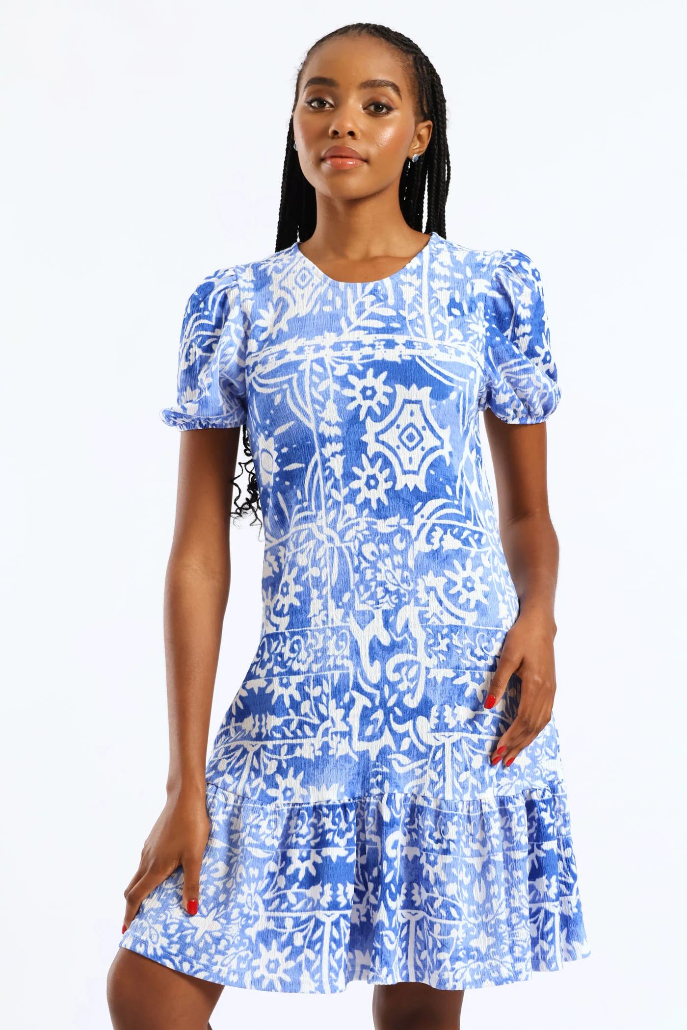 Puff Sleeve Crinkle Frill Hem Dress - White/Blue - Image 5