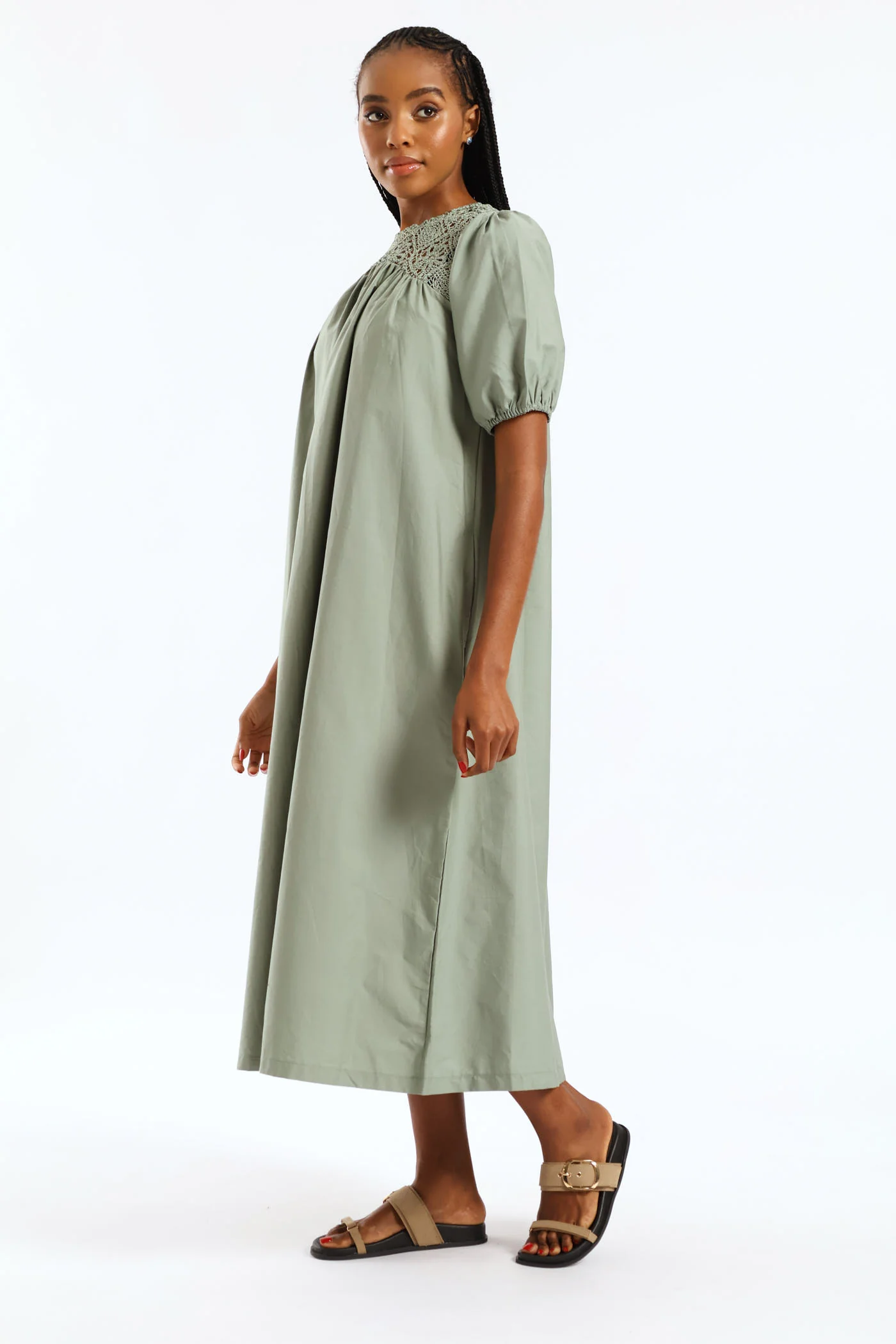 Puff Sleeve Crochet Yoke Midaxi Dress - Sage - Image 2
