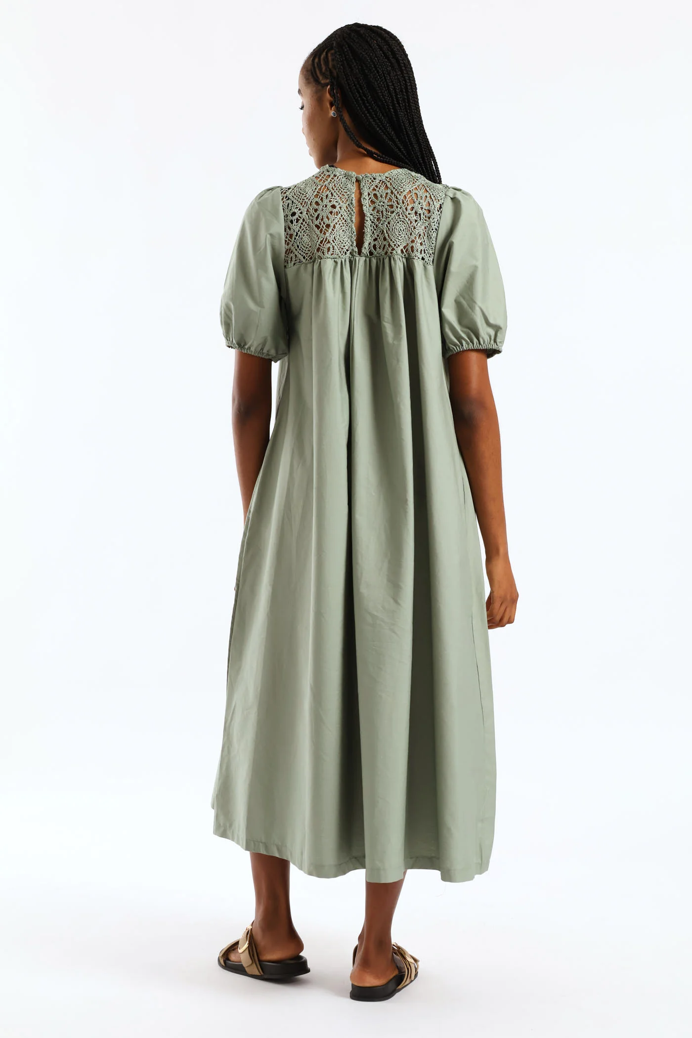 Puff Sleeve Crochet Yoke Midaxi Dress - Sage - Image 3