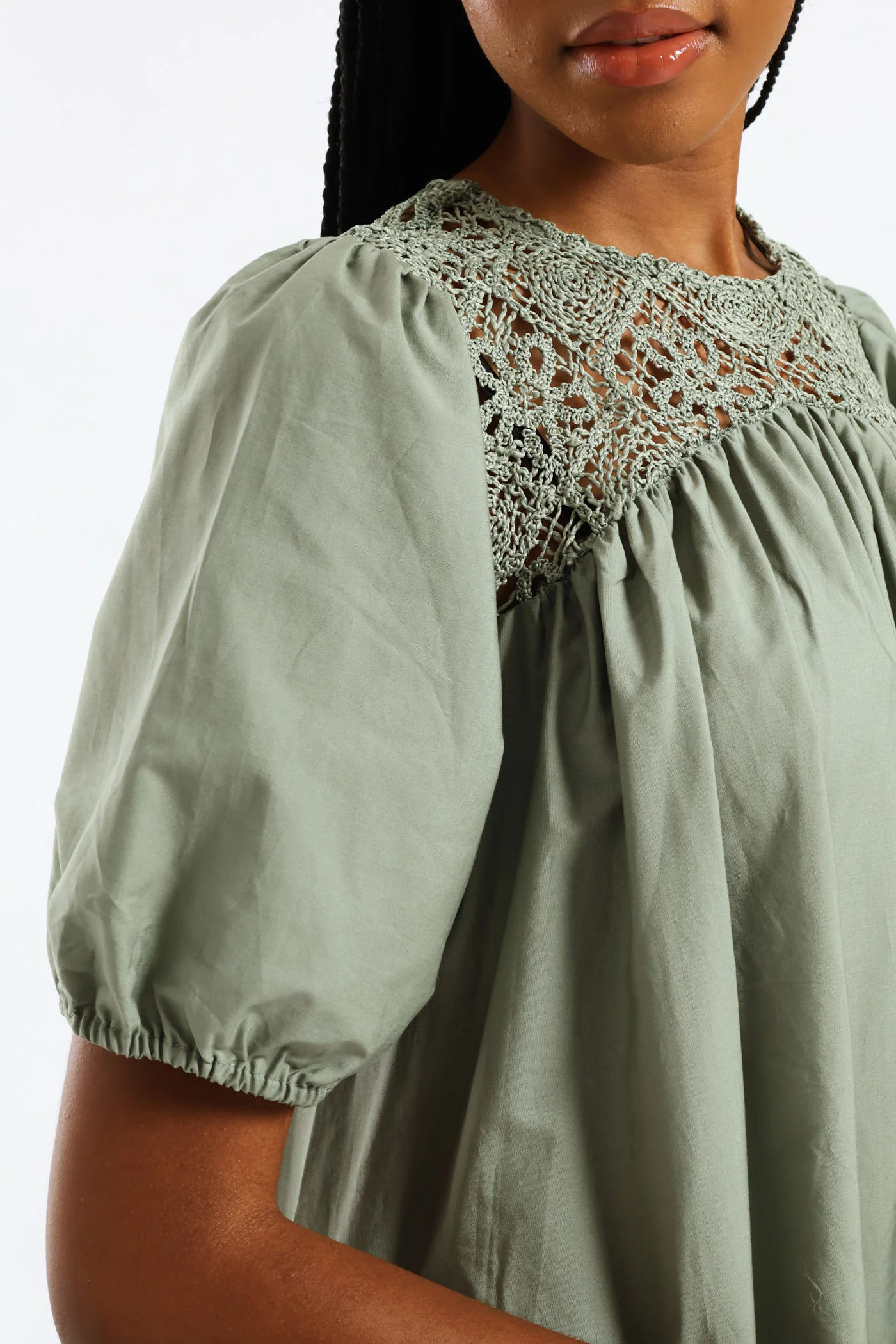 Puff Sleeve Crochet Yoke Midaxi Dress - Sage - Image 4