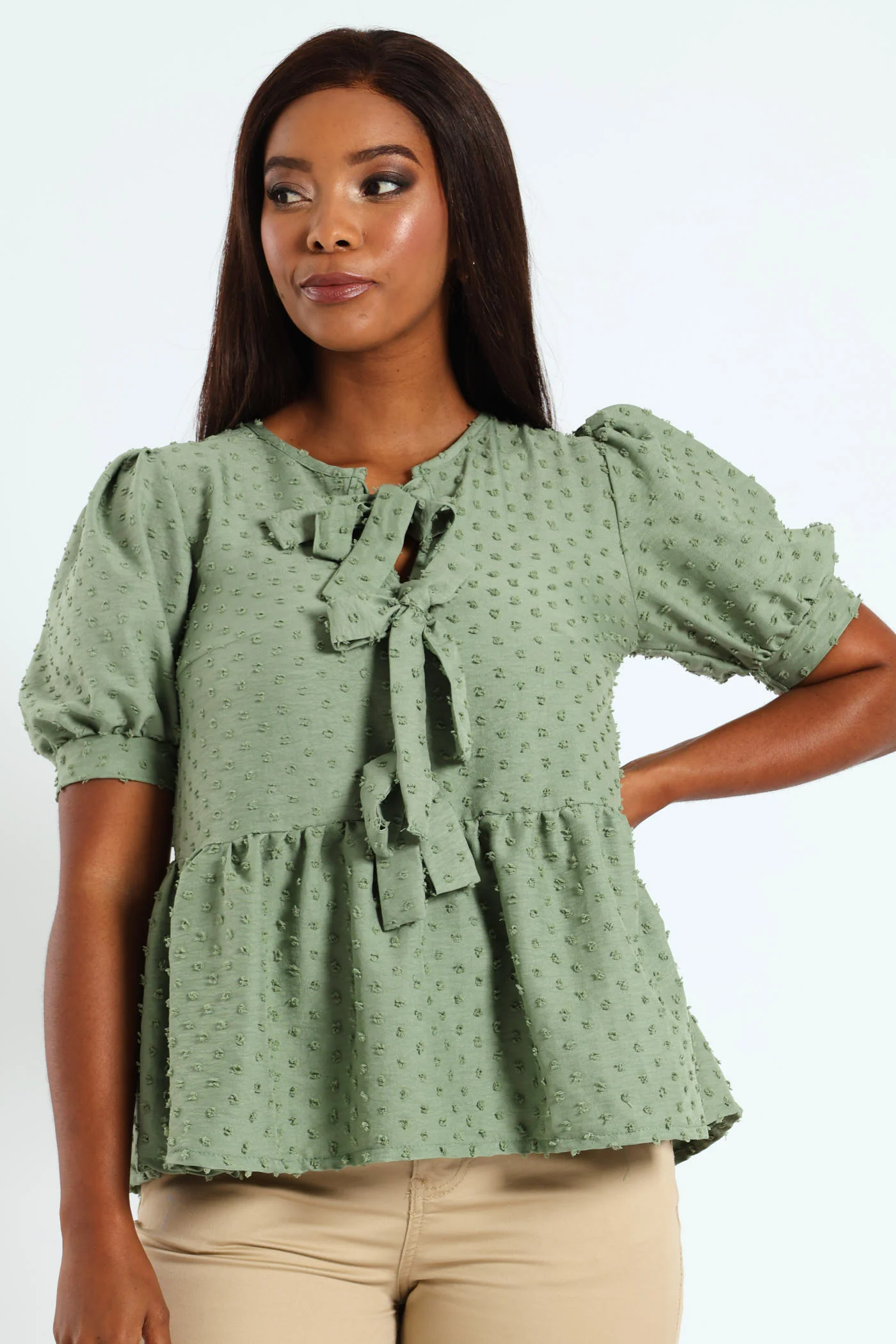 Puff Sleeve Dobby Peplum Top With Ties - Sage - Image 2