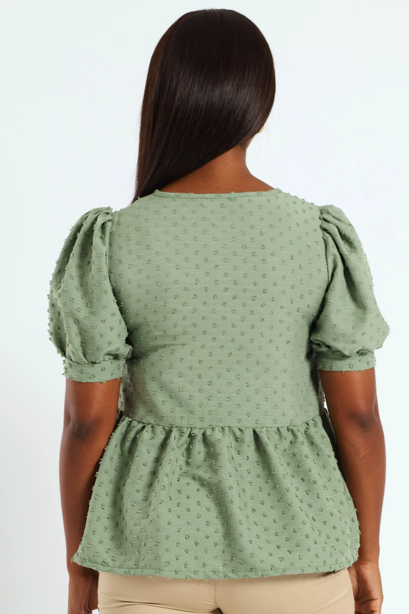 Puff Sleeve Dobby Peplum Top With Ties - Sage - Image 3