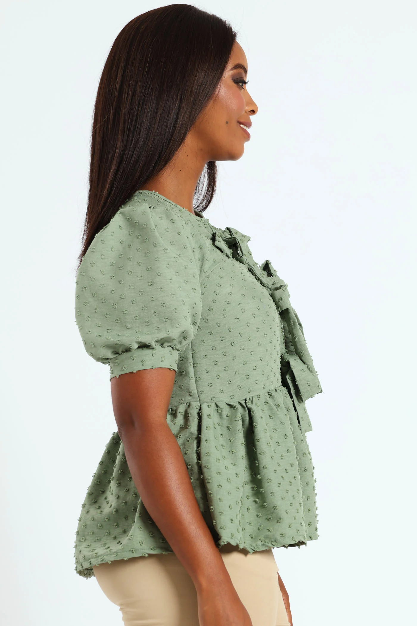 Puff Sleeve Dobby Peplum Top With Ties - Sage - Image 4