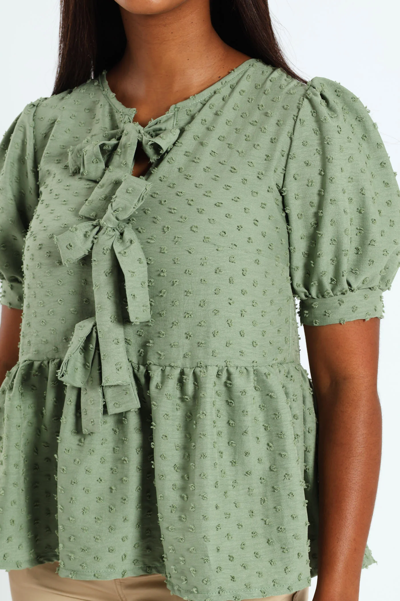Puff Sleeve Dobby Peplum Top With Ties - Sage - Image 5
