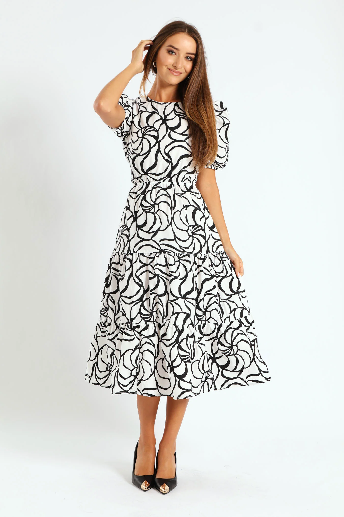 Puff Sleeve Open Back Poplin Tiered Midaxi Dress - Cream/Black - Image 3